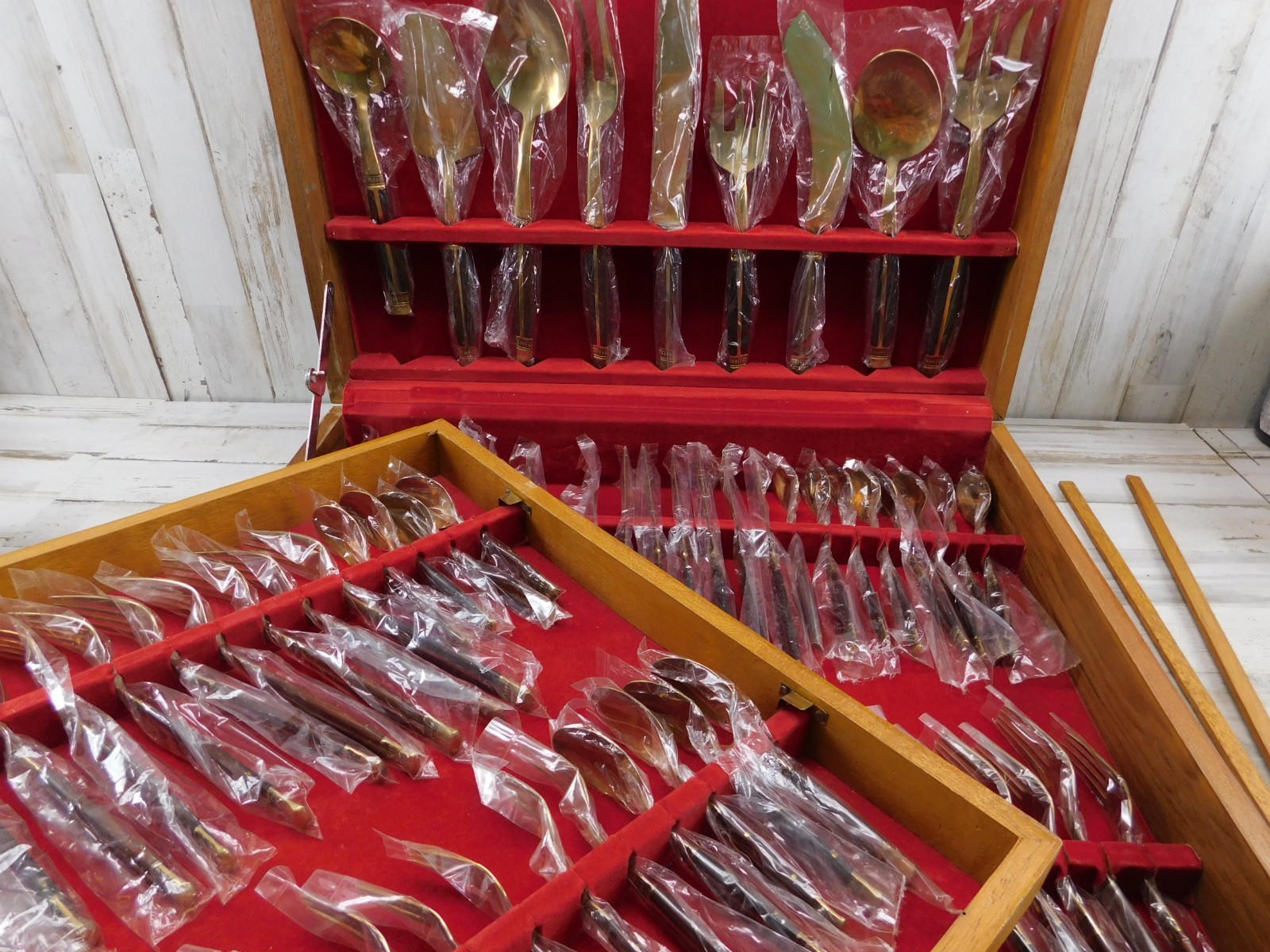 Vtg Thai Brass & Rosewood Flatware Set Svc For 8 + Serving MCM 60’s 100 Pieces