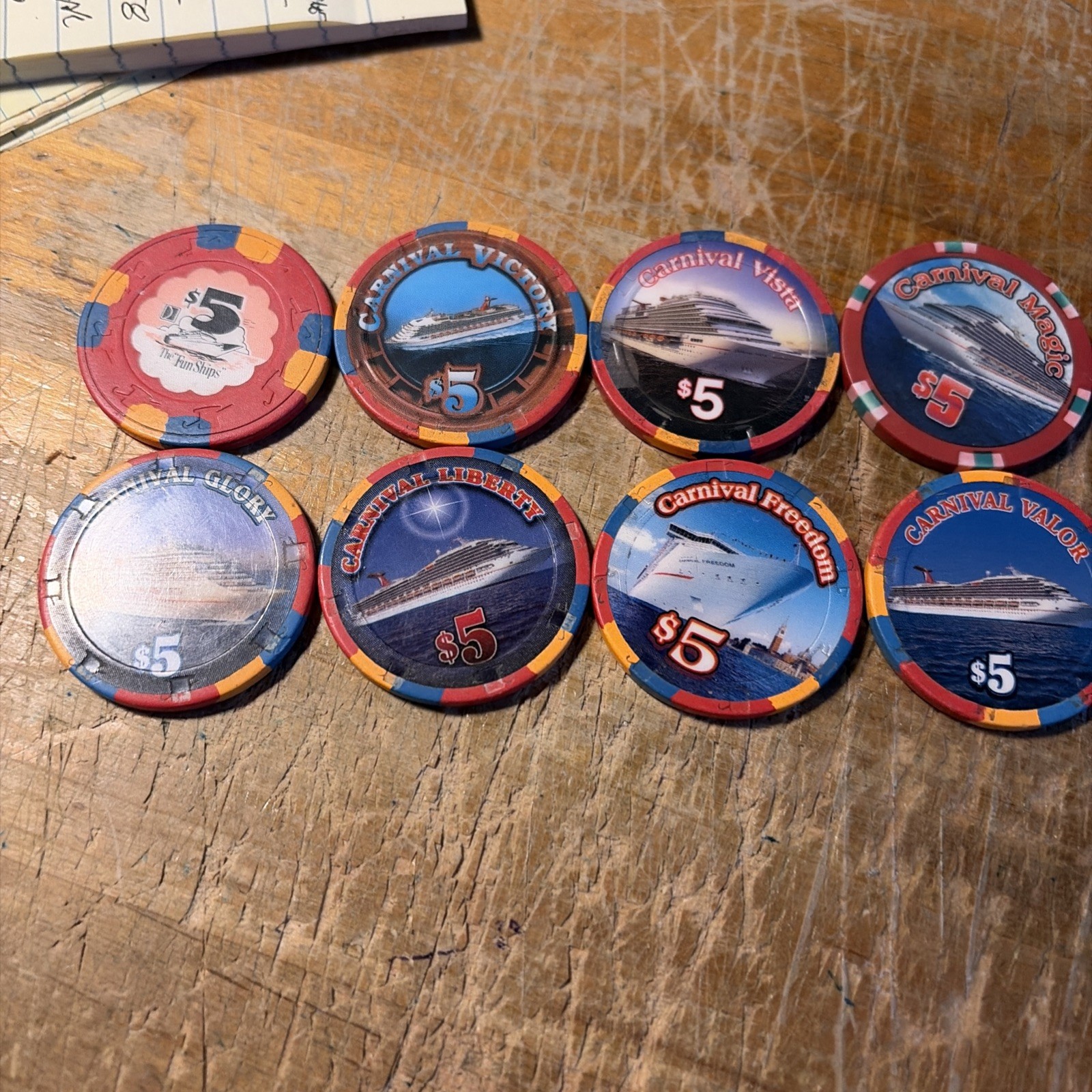 8) five 5 dollar carnival cruise casino chips 