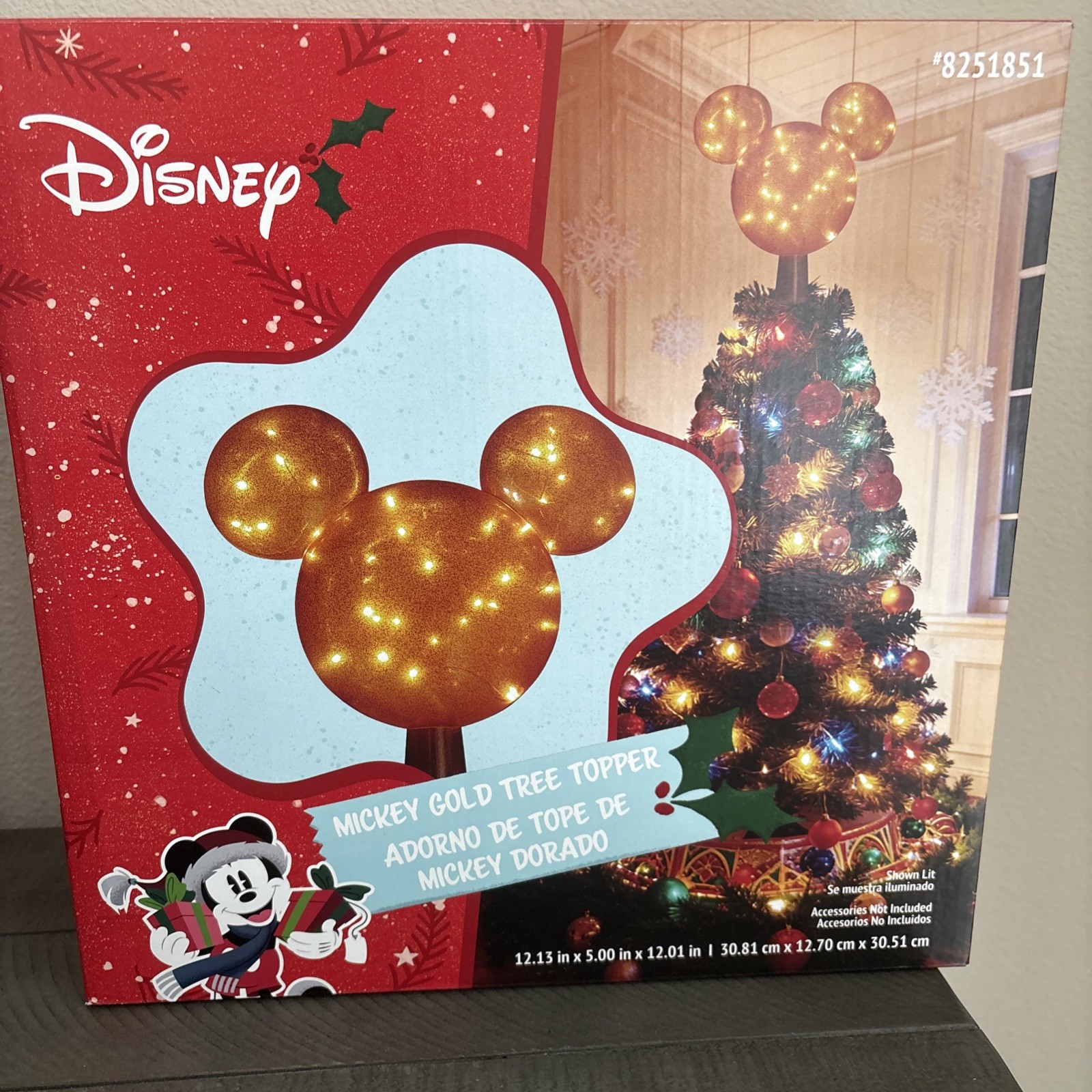 Disney Mickey Mouse Gold Light Up Christmas Tree Topper Holiday 12”