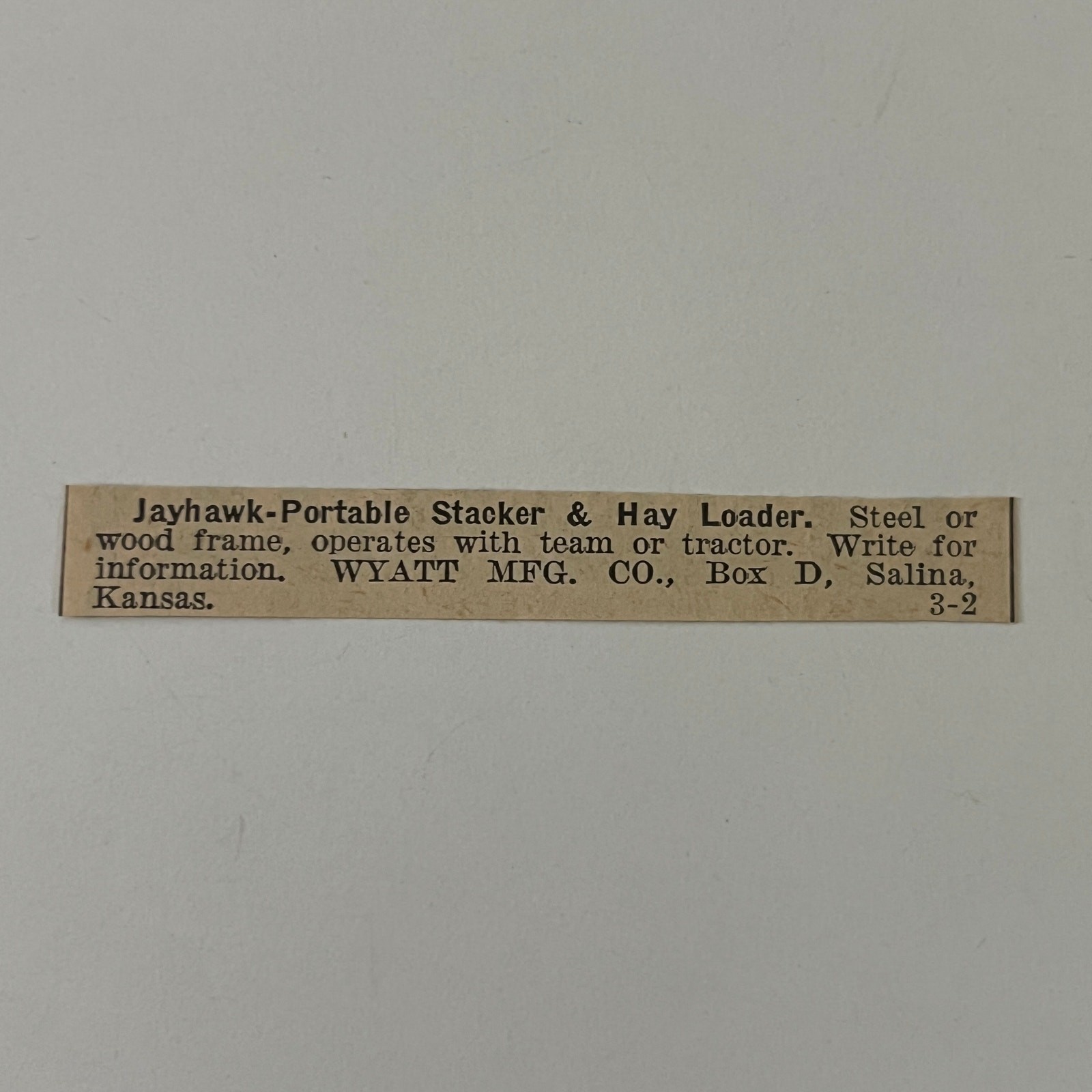 Wyatt Mfg. Co. Jayhawk Portable Stacker & Hay Loader KS 1934 Clipping SAH6-S59