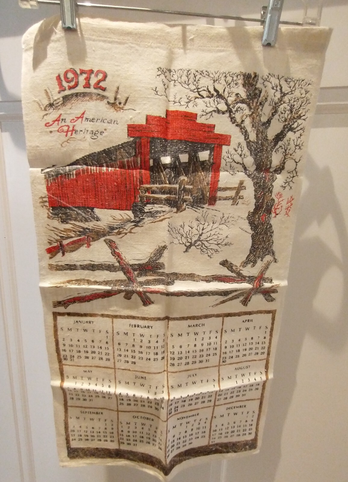 Vtg Cloth Linen 1972 Calendar Tea Towel Red Covered Bridge Americana Vtg Cloth Linen 1972 Calendar Tea Towel Red Covered Bridge Americana