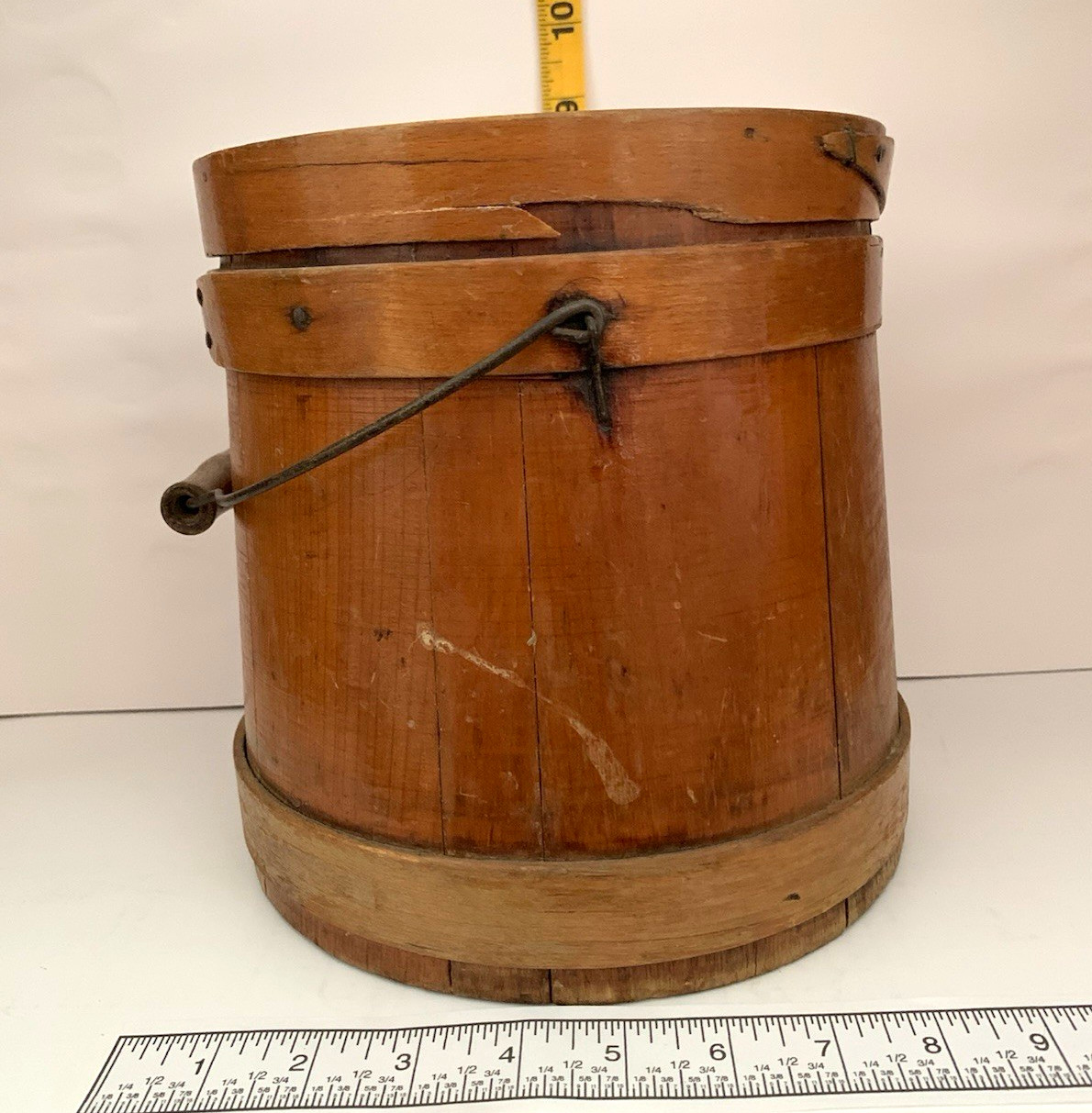 Antique Wooden Firkin Sugar Bucket With Lid And Swing Handle