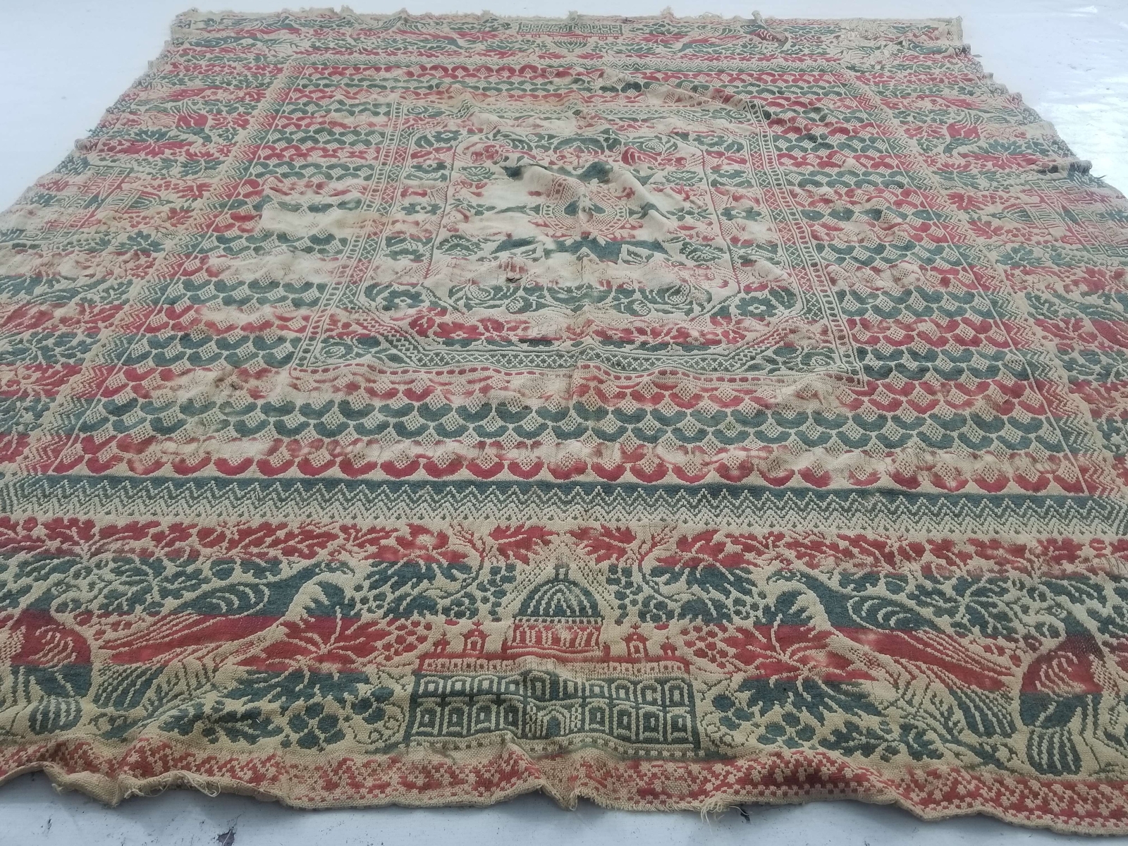 Antique American Reversible Jacquard Loomed Woolen Coverlet 205x176cms