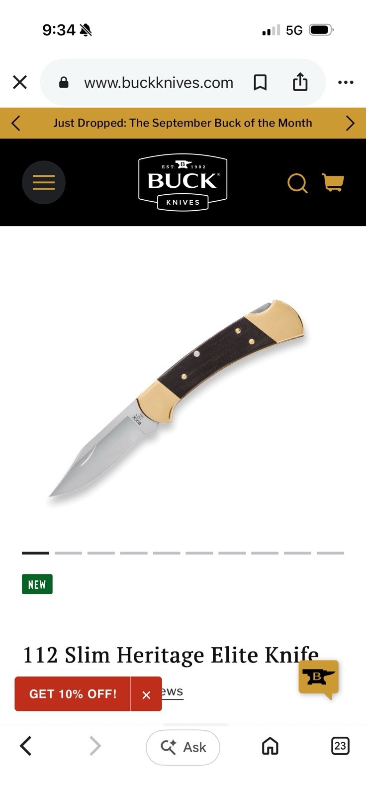 Buck 112 Slim Heritage Series Knife with Leather Sheath New In Box