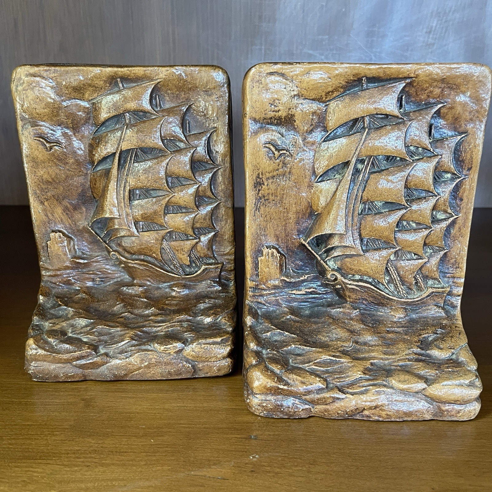 Vtg Black Syroco Wood Sailing Clipper Ship Bookends 3D Nautical Home Decor MCM