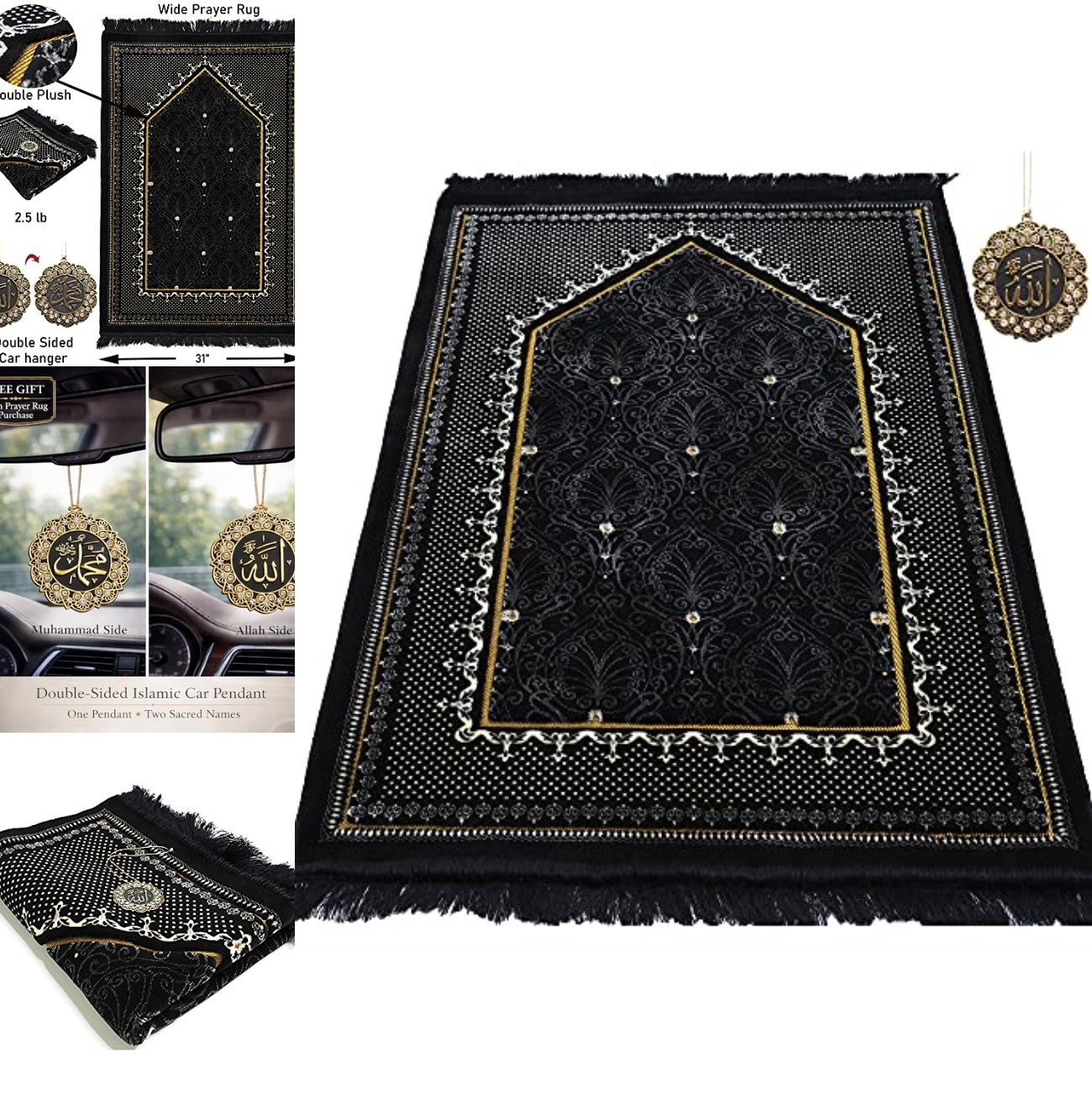 Turkish Islamic Velvet Prayer Rug Large Thick Plush Muslim Salah Mat Black Soft
