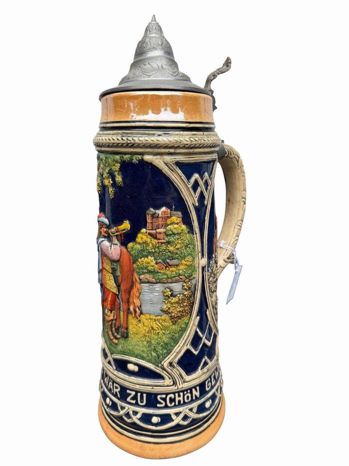 Vintage Marzi Remy German Beer Stein Musician Horse Relief Pewter Lid