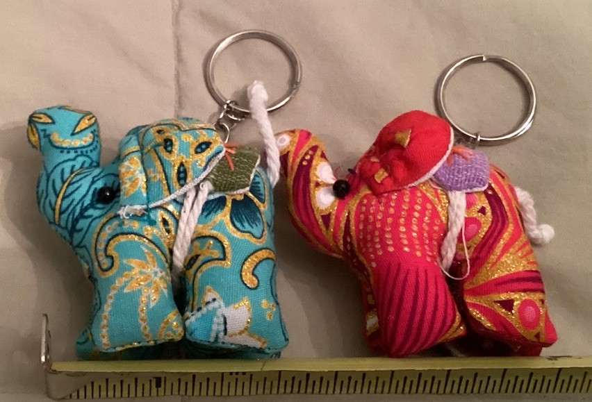 Handcrafted Thai Elephant Keychains Pair Of Colorful Satin And Traditional Fab