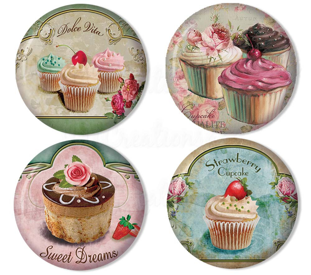 Shabby Chic Sweet Cupcake Designs - Set of 4 Hand Pressed PINS 2.25\