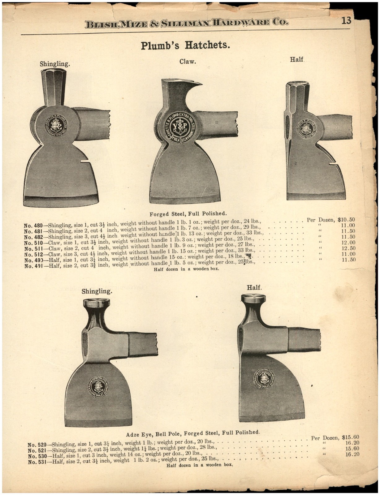 1912 PAPER AD Plumb Hatchet Shingling Claw Half Black Eagle Warehouse Germantown