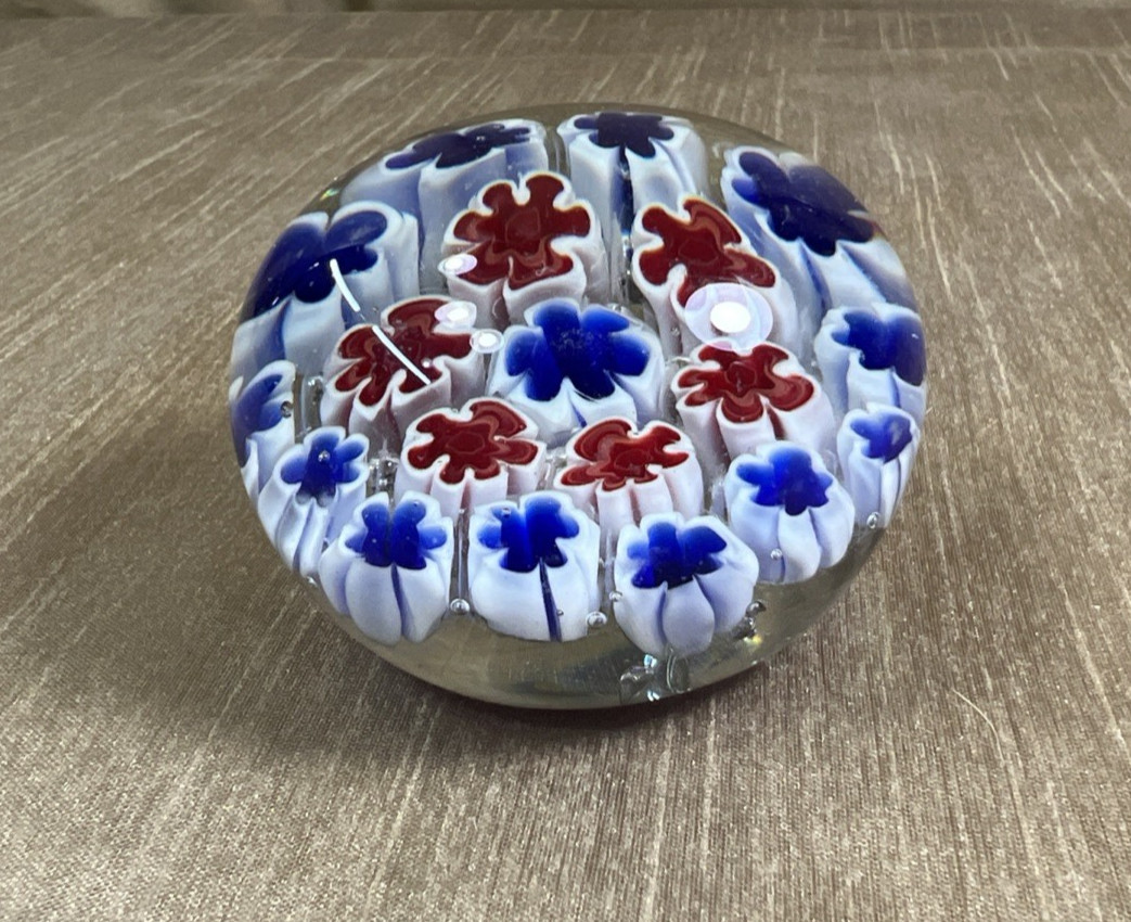 Murano Italian Art Glass Millefiori Paperweight Red White Cobalt Blue Flat Base