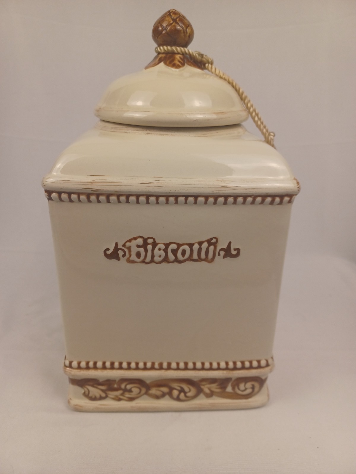 Vintage Nonni\'s Biscotti Ceramic Cookie Jar Cream & BrownTight Seal VGC 12\