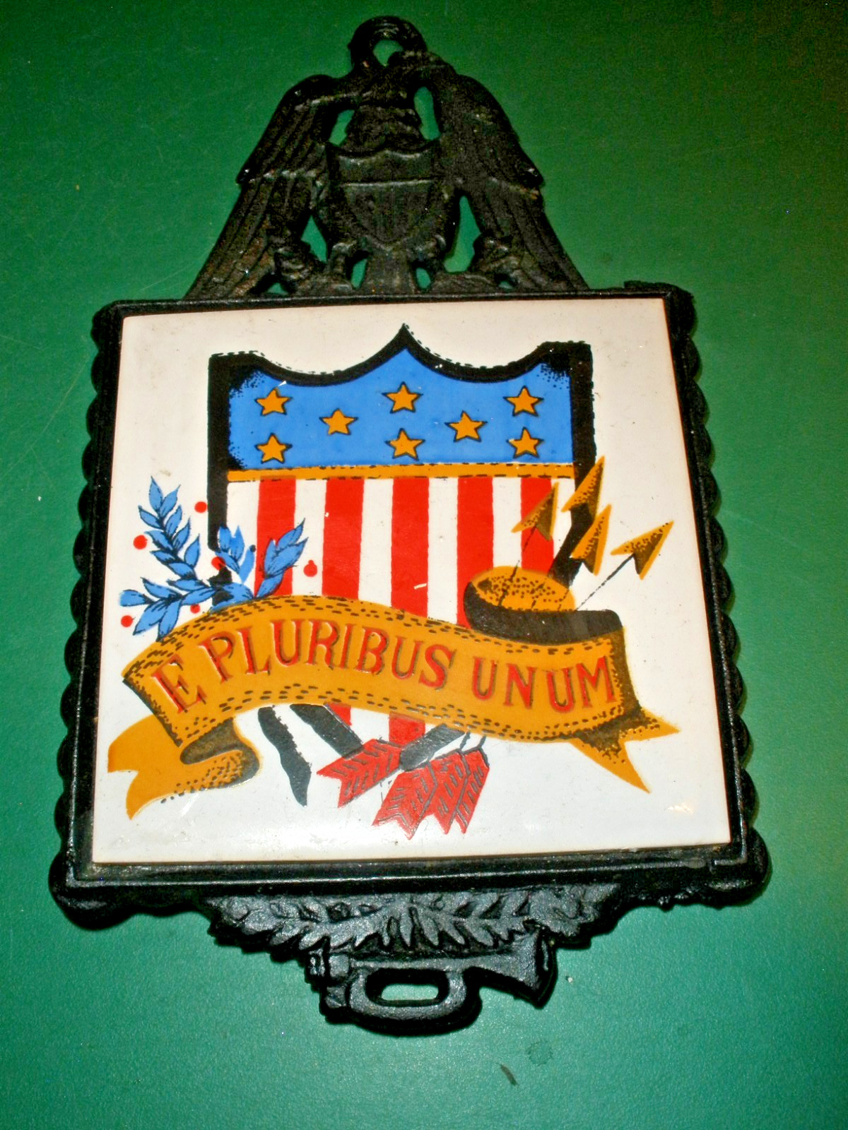 Vintage Ceramic Trivet in Cast Iron Eagle E Pluribus Unum 8.5
