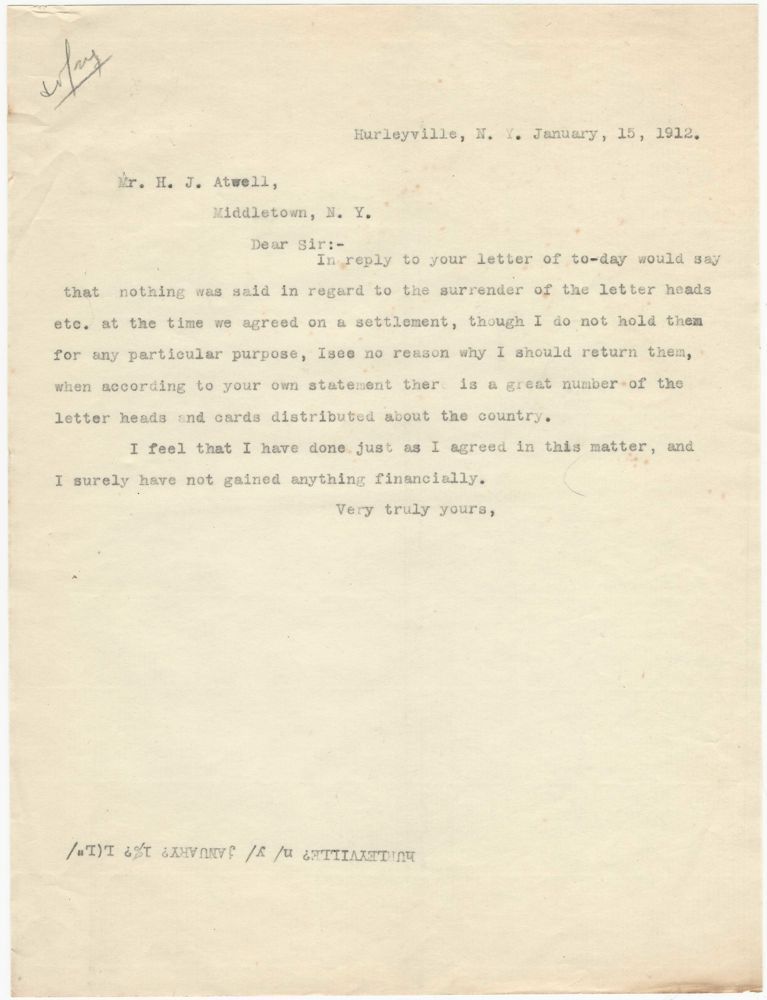 1912 Letter About Surrender of Letterheads & Why That\'s Not Going to Happen