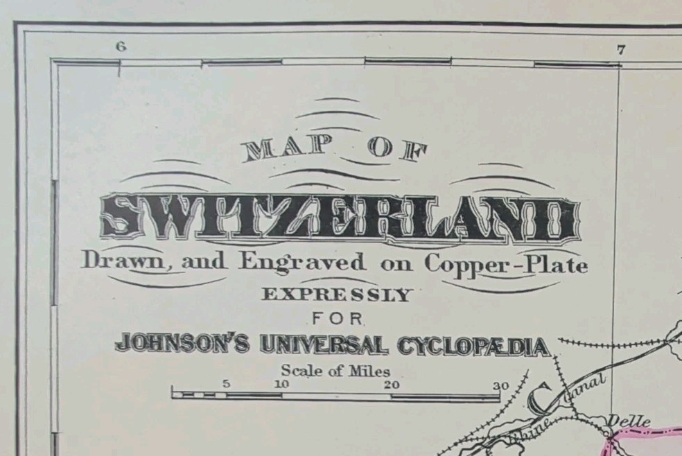 Antique 1885 SWITZERLAND Map  ~ Authentic Old Original AJ JOHNSON COPPER PLATE