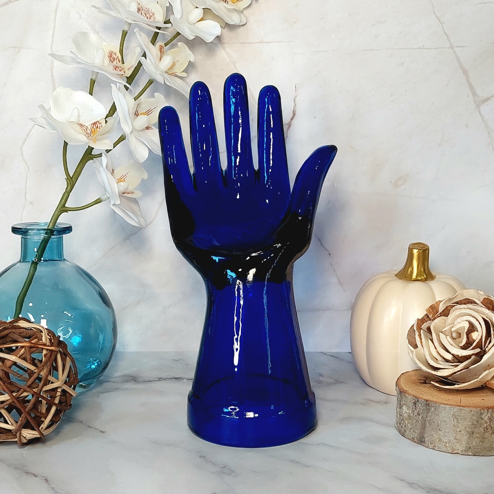 Cobalt Blue Depression Style Glass Hand Jewelry Ring Holder Display, Jewelry Box