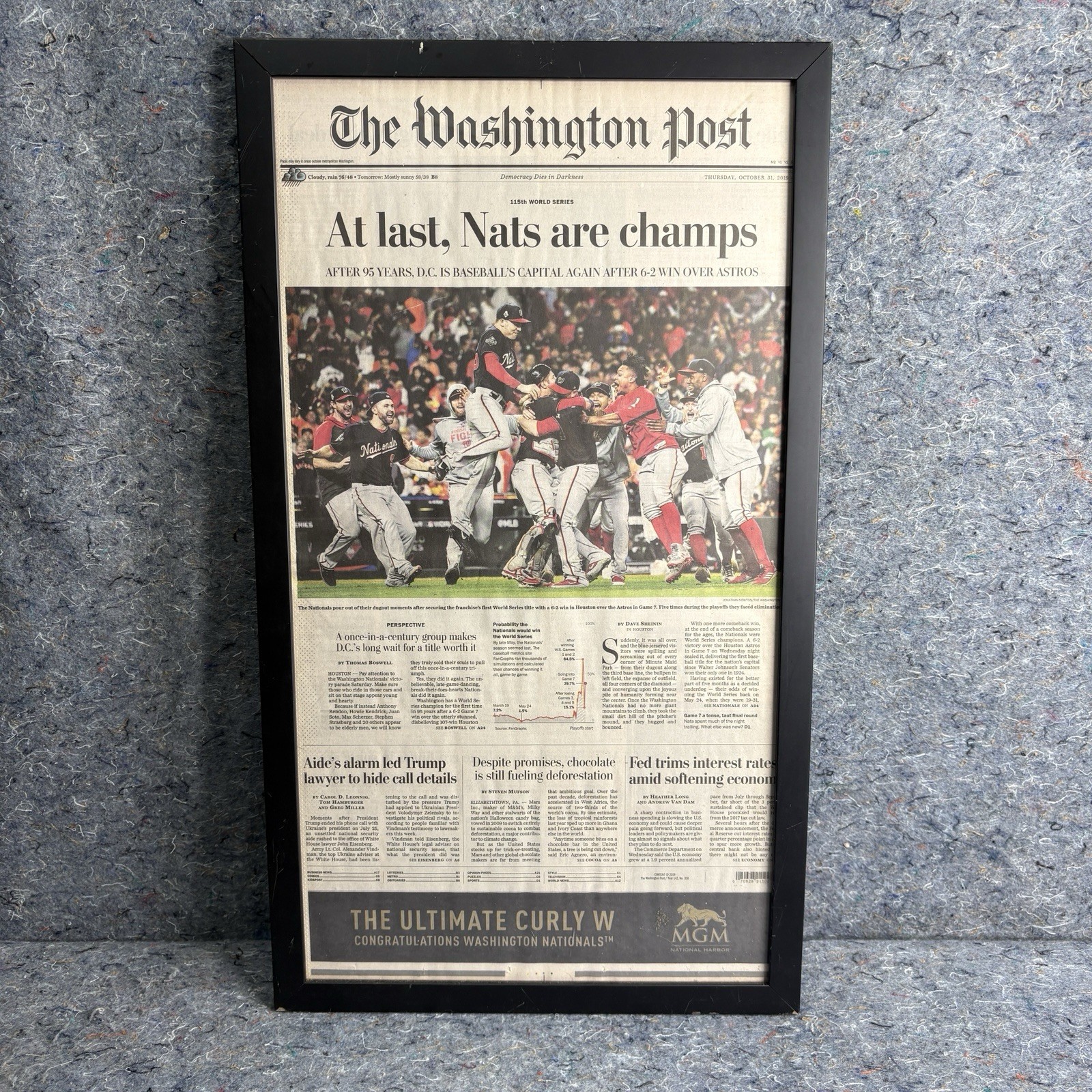 2019 Washington Post Nationals World Series Champions Newspaper Framed 23x13