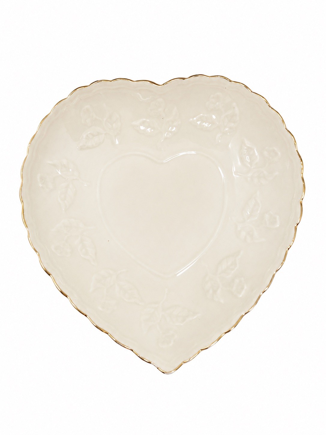 Vintage Heart Shaped Ceramic Candy Dish Gold Trim Embossed Roses Trinket Plate 