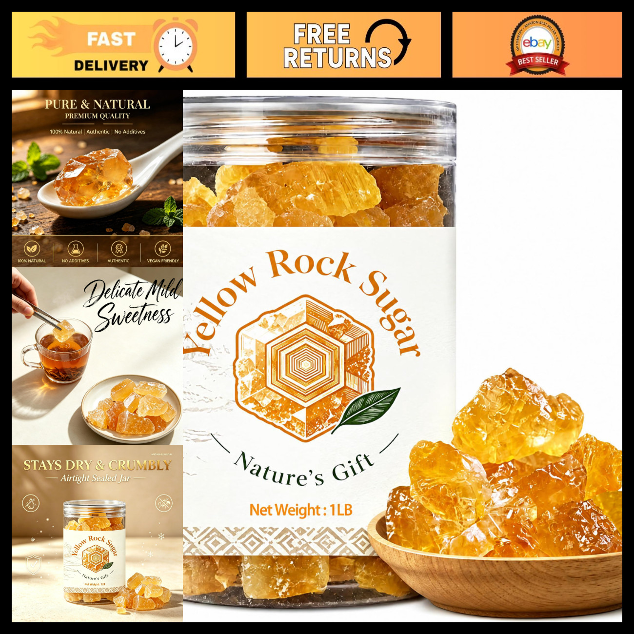 Large Yellow Rock Sugar 1 LB - All Natural Sweetener for Tea, Pho, Baking, Vegan