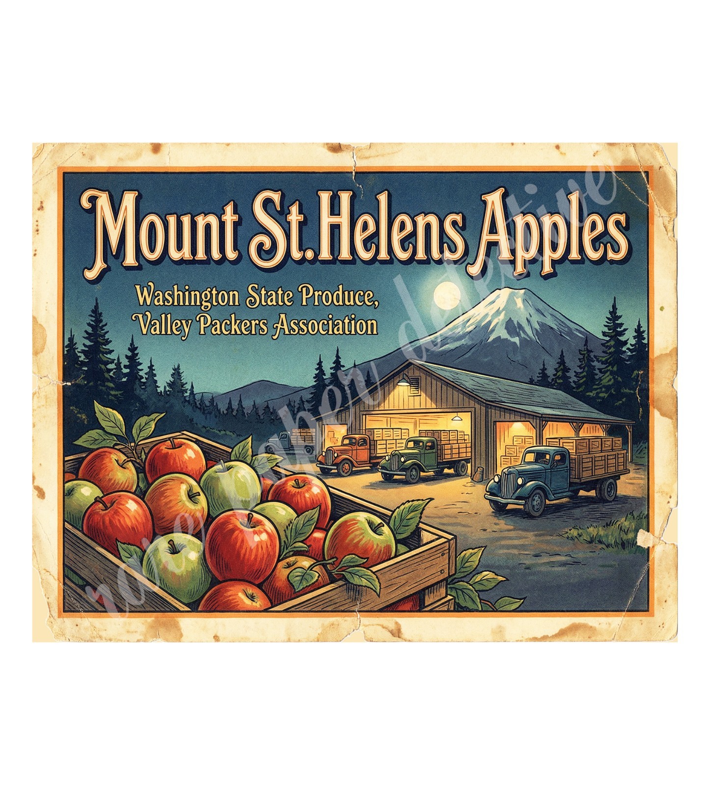 Mount St. Helens Apple 1950s Style Fruit Crate Art, Retro Advertising 10.5\