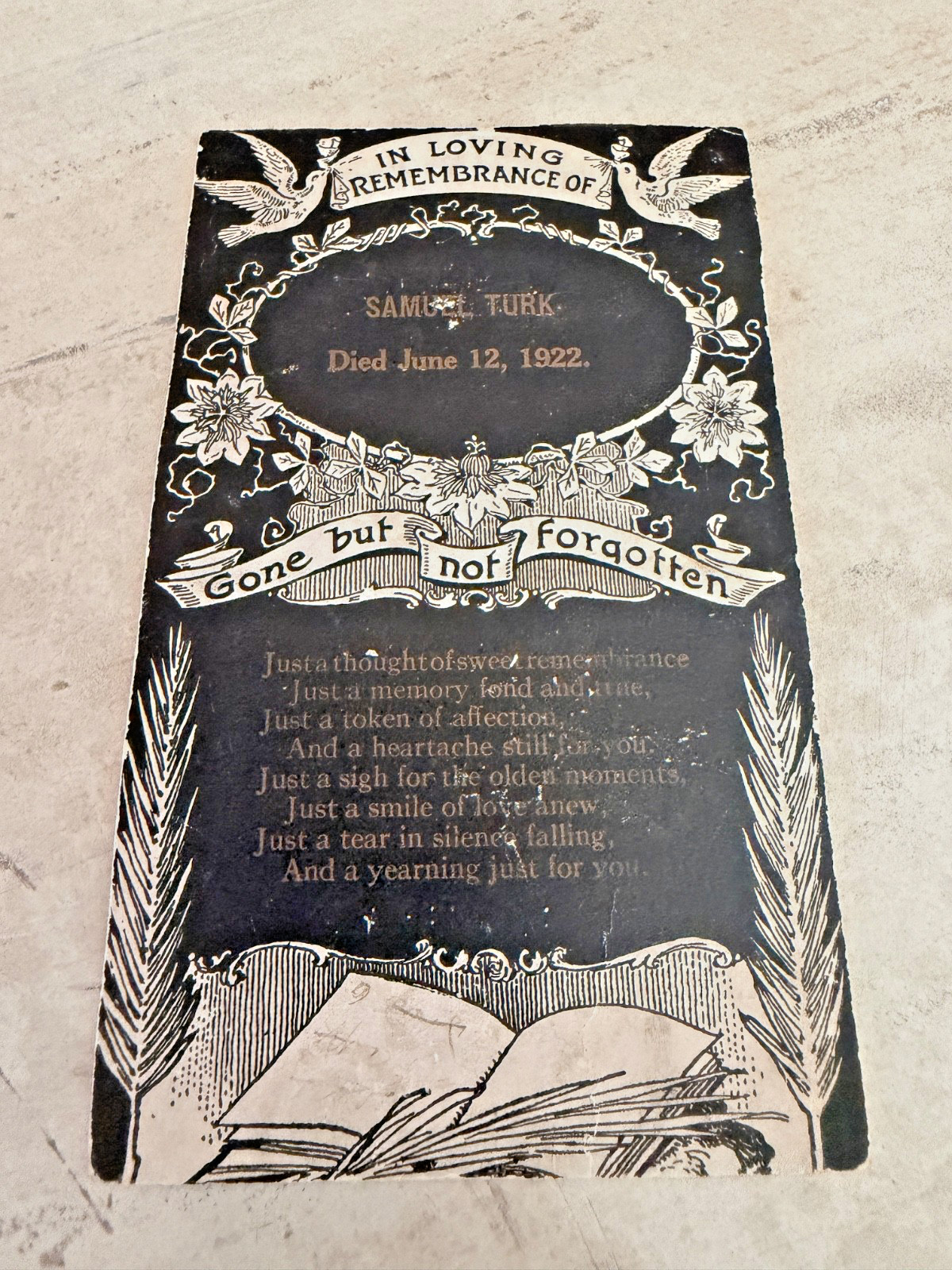 Antique In Loving Memory  Samuel Turk 1922  Gone But Not Forgotten Memorial Card