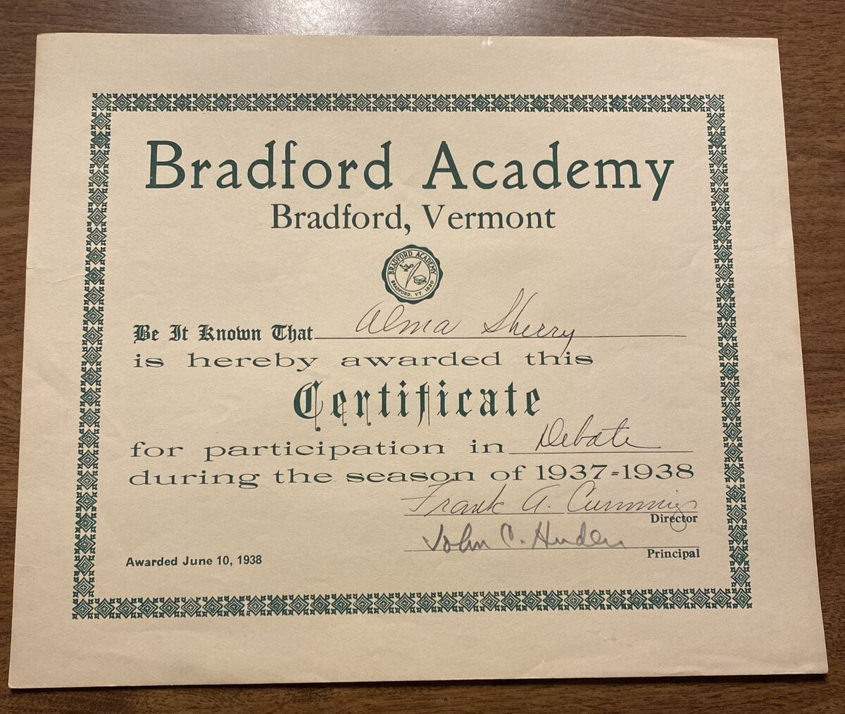 1938 Bradford Academy School Award Debate Certificate Vermont VT Signed P7b