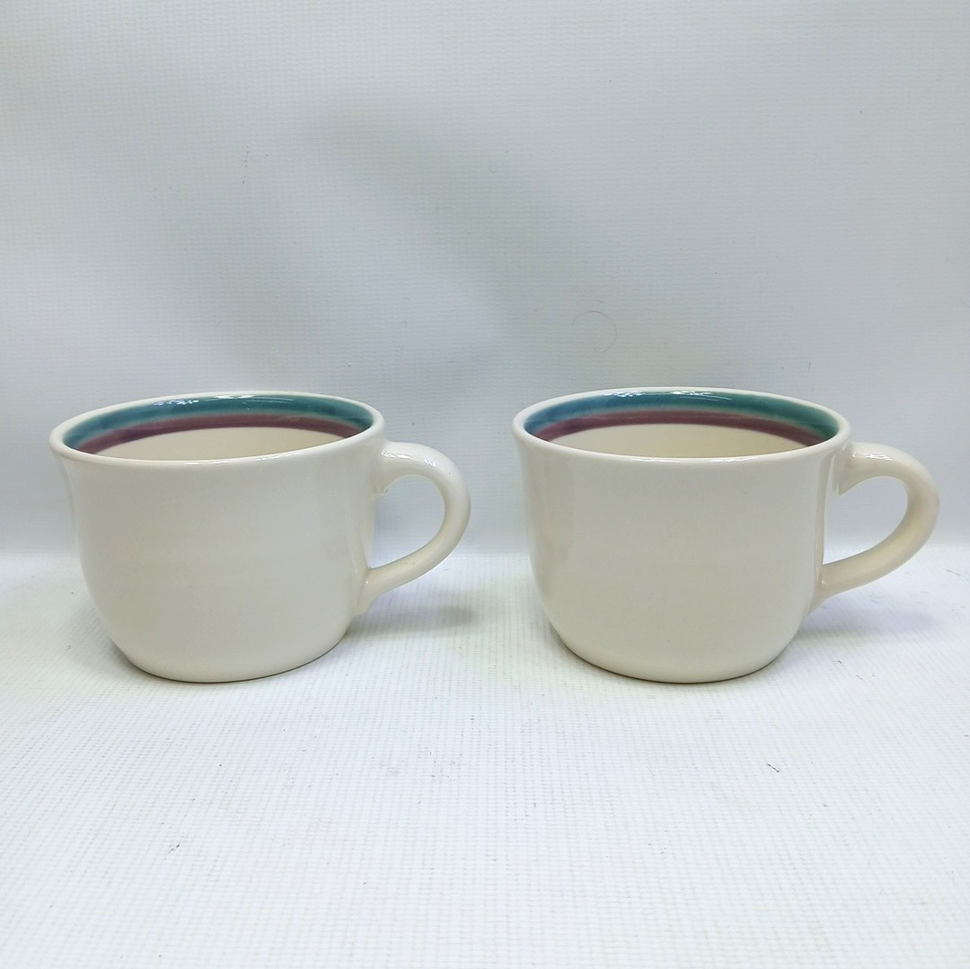 Set Of 2 Pfaltzgraff Juniper Coffee Cup Mug Green Mauve Bands Made in USA. Set Of 2 Pfaltzgraff Juniper Coffee Cup Mug Green Mauve Bands Made in USA.