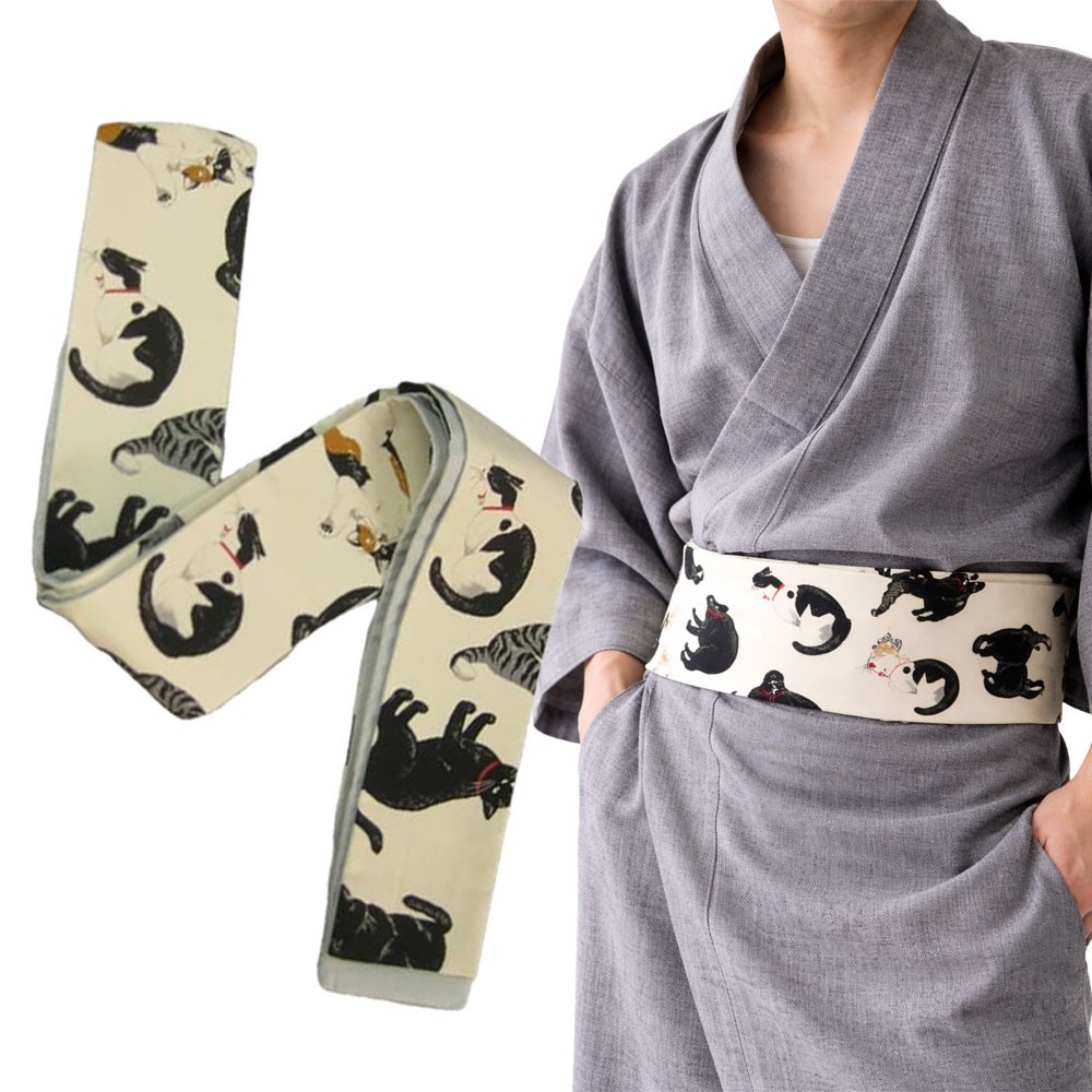 Luxury Japanese Kaku Obi Belt Cat Pattern Cotton Kimono Yukata Made in KYOTO