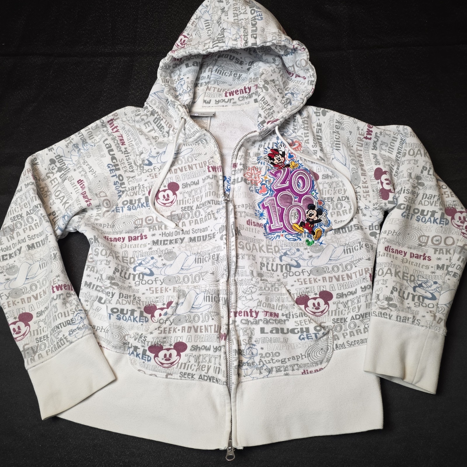 Vintage Y2K 2010 Disney Parks AOP Mickey Mouse White Double Zip Hoodie Girl\'s L