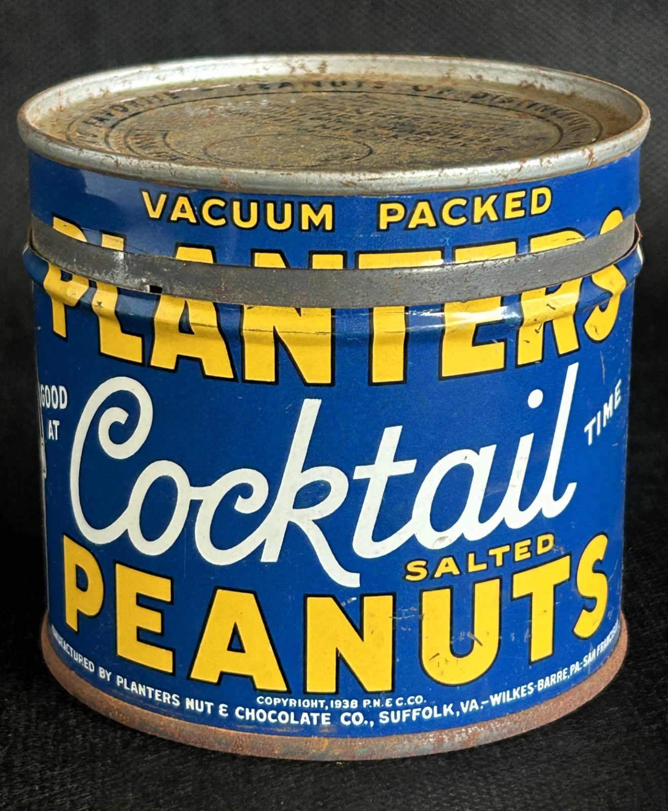 Antique 1938 Planters Peanuts Tin Container 8oz Cocktail Mr. Peanut Graphic