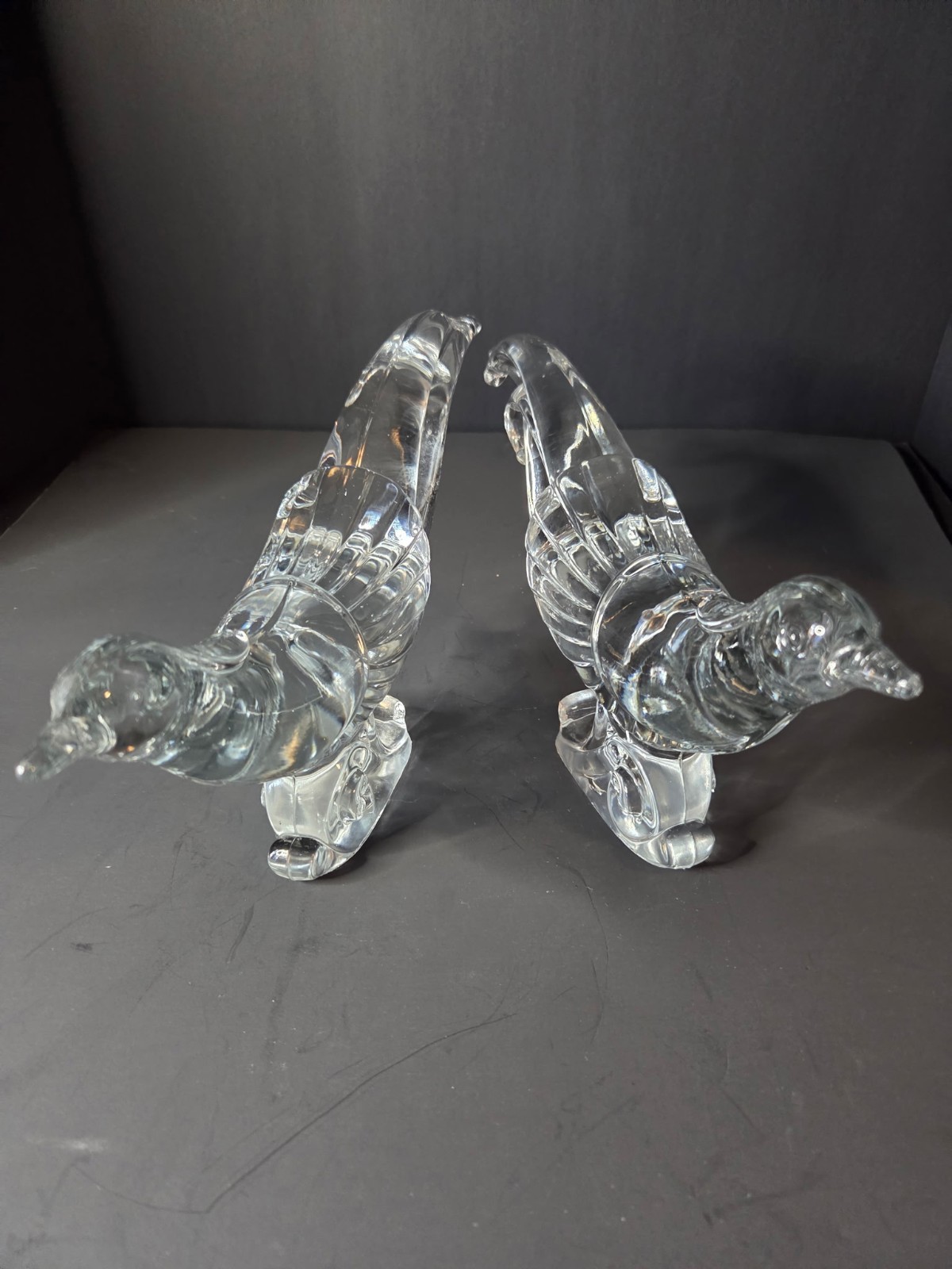 Vintage Paden City Glass Chinese Pheasant Figurines Clear Art Glass Pair 13\