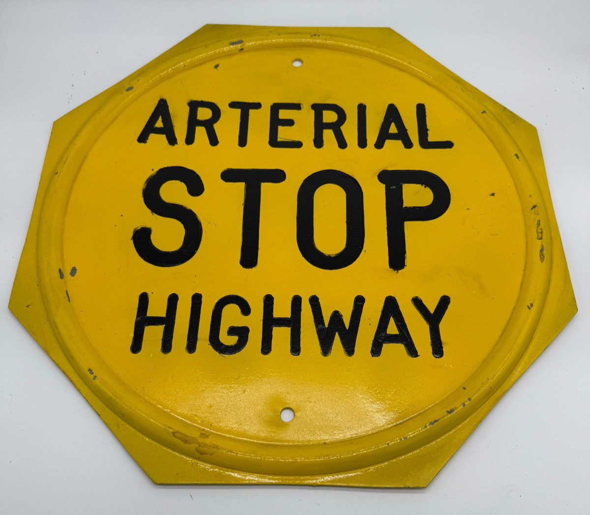 Vintage Stop Sign Embossed Arterial Highway Yellow Rustic 24\