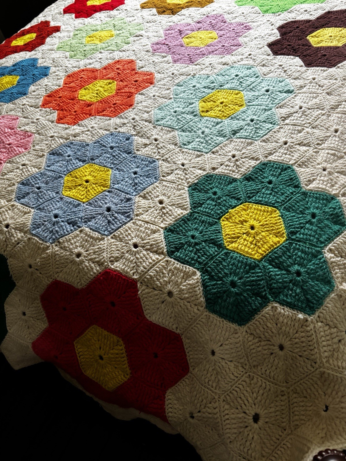 Handmade “Grandmother’s Flower Garden” Queen Size 97”x 60” Afghan - So Soft