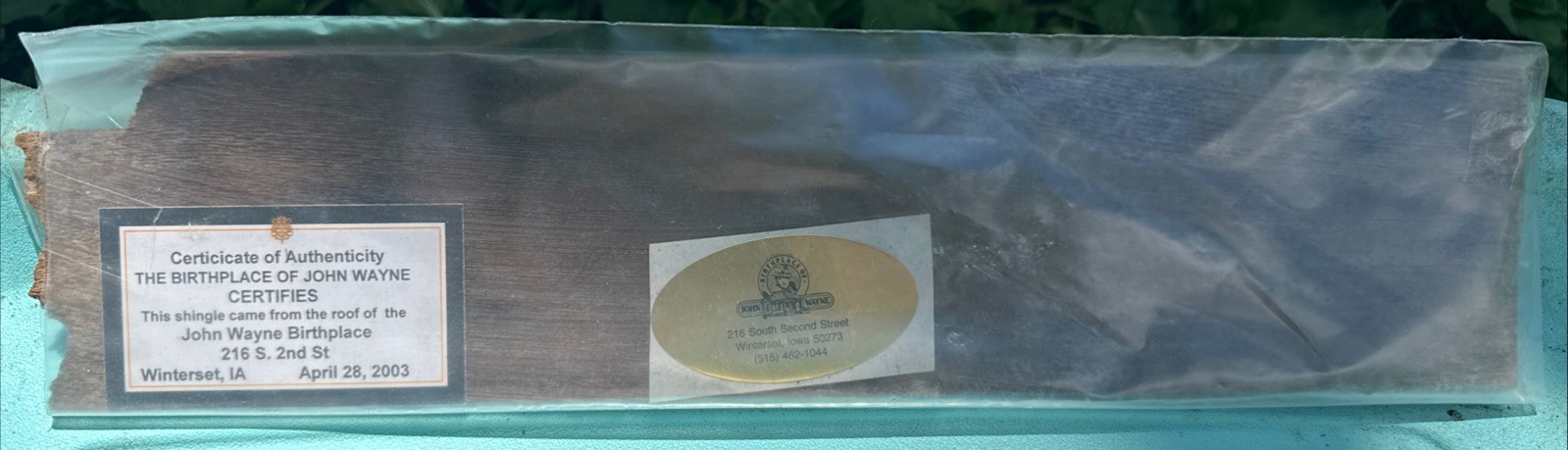 Shingle From Roof Of The Birthplace Of John Wayne Collectible Unique COA