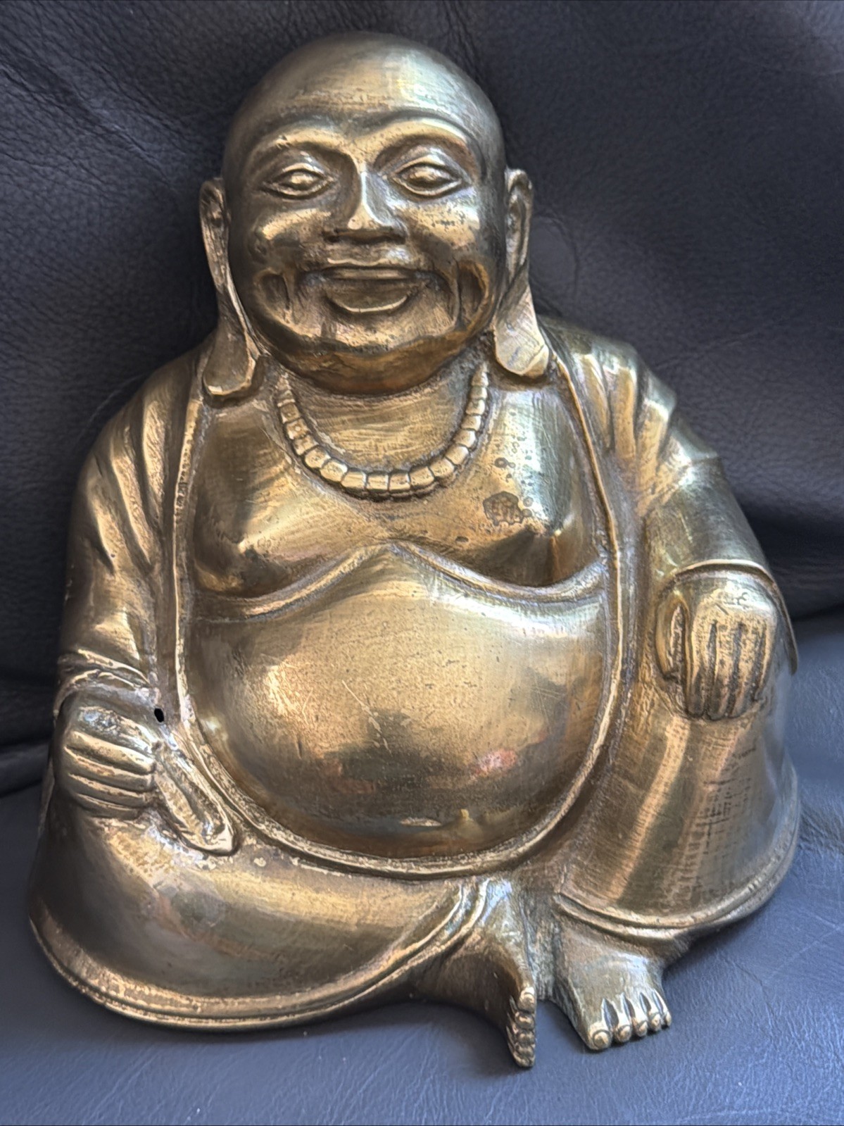 Rare Vintage Solid Brass Laughing Buddha Statue happiness and prosperity 6x5.5