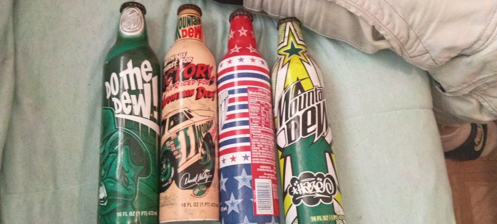 Lot of 4 Mountain Dew Patriotic Stars \'n Stripes,Darrel Waltrip,etc bottles full
