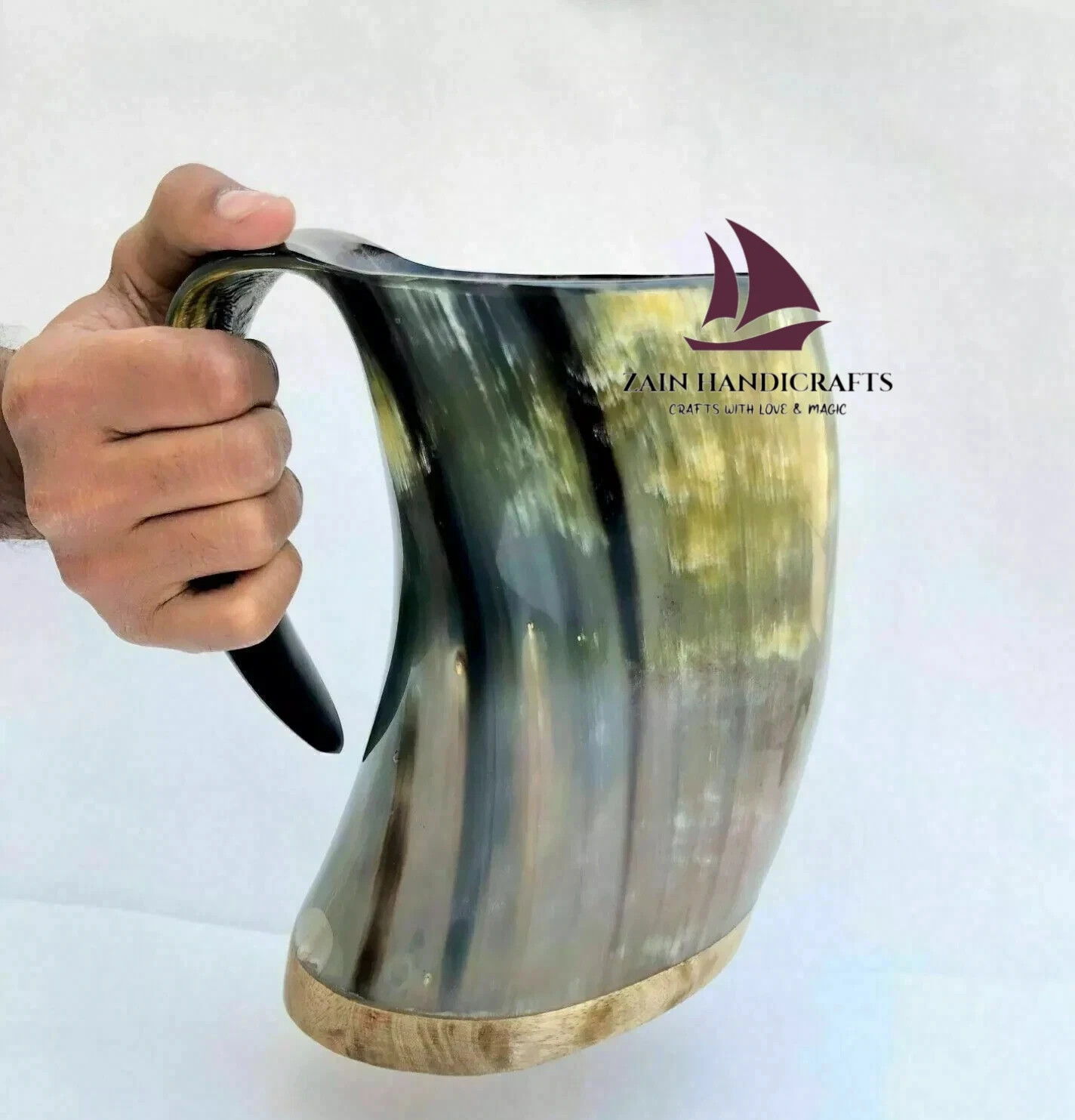 ZAIN Viking Horn Mug Beer Drinking Large Mug With Wooden Base Handcrafted Mug