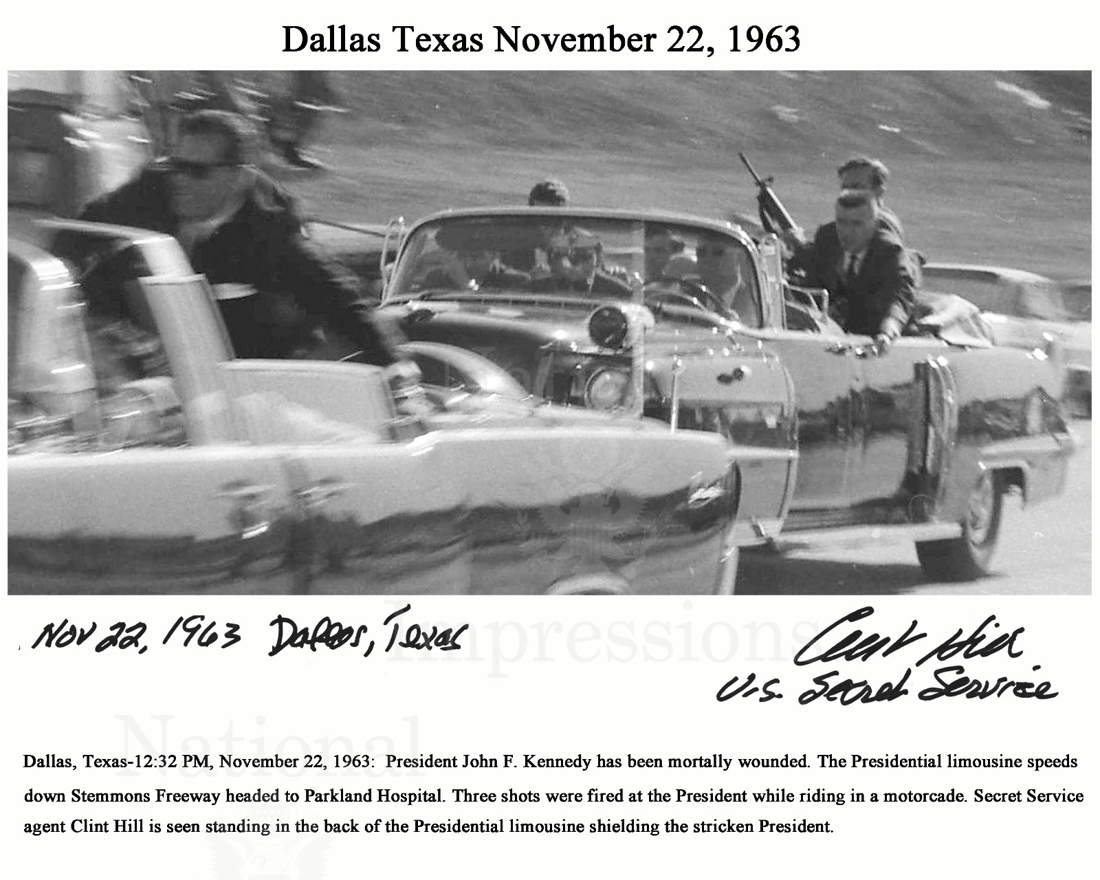 John F Kennedy assassination Stemmons Freeway Clint Hill Signed 8x10 REPRINT