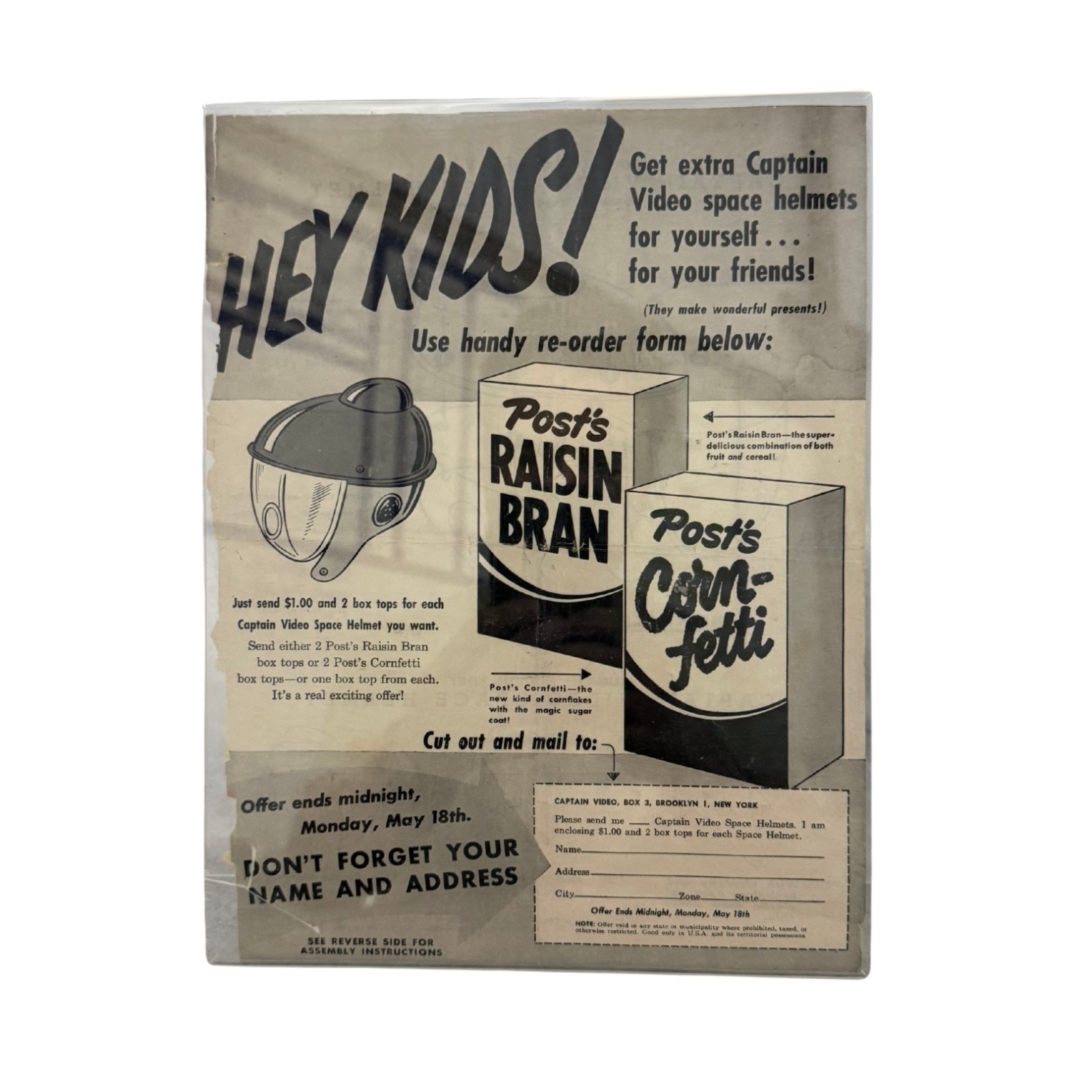 Vintage 1950s Captain Video Space Helmet Post Raisin Bran Corn-Fetti Ad