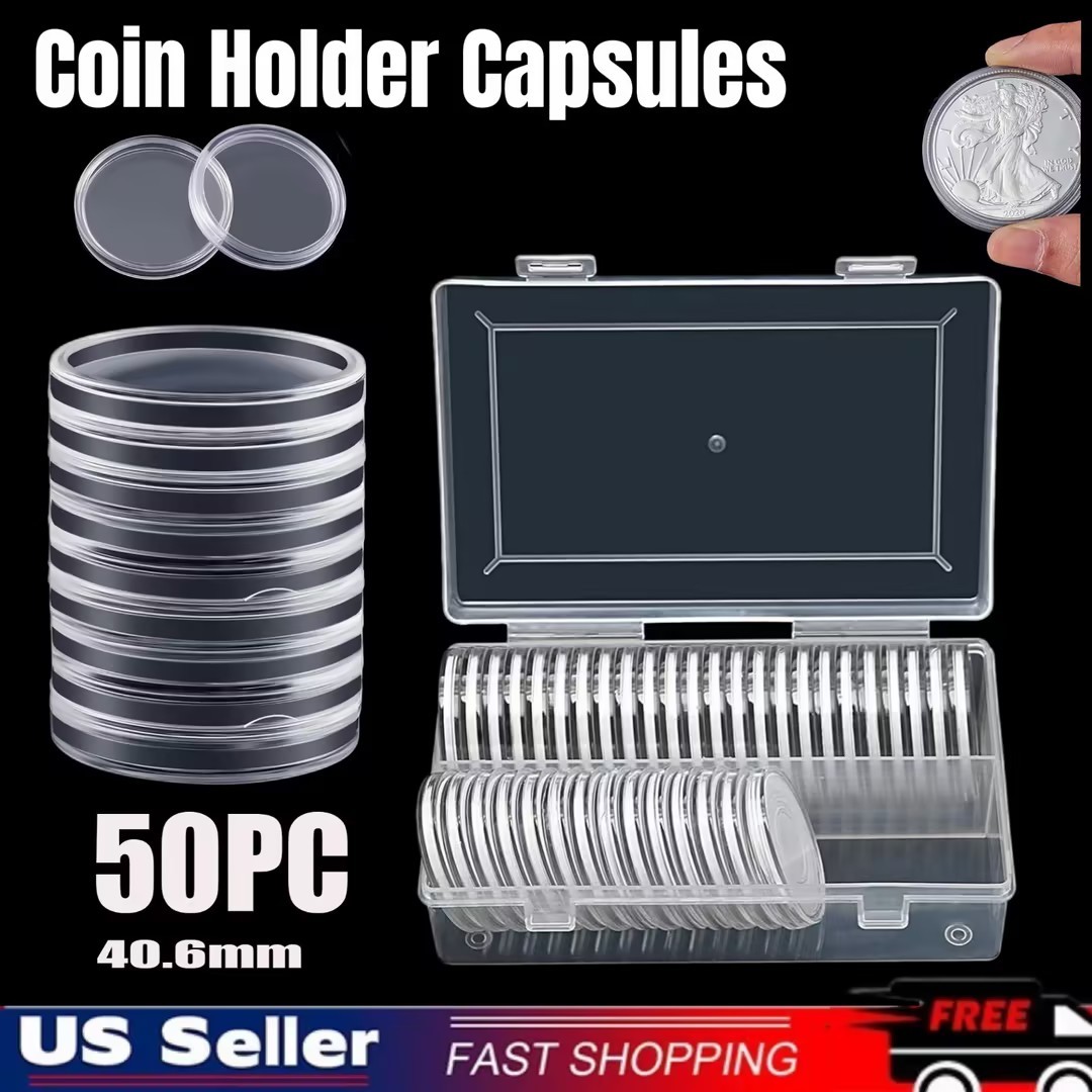 50 X Coin Holder Capsules Case 40.6mm Clear for 1 Oz Silver Dollar w Storage Box