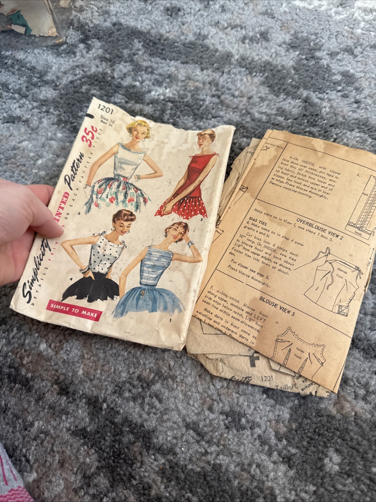Vintage 1950a  Simplicity 1201 Size 16 Bust 34 Womens Blouse And Over Blouse