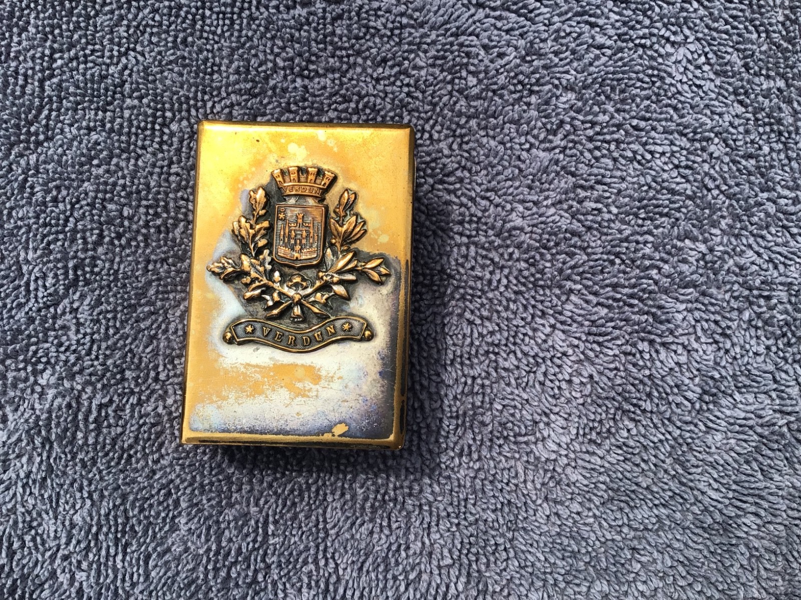 German  WWI era  brass  matchbox  cover   Crest with  “VERDUN”  Original