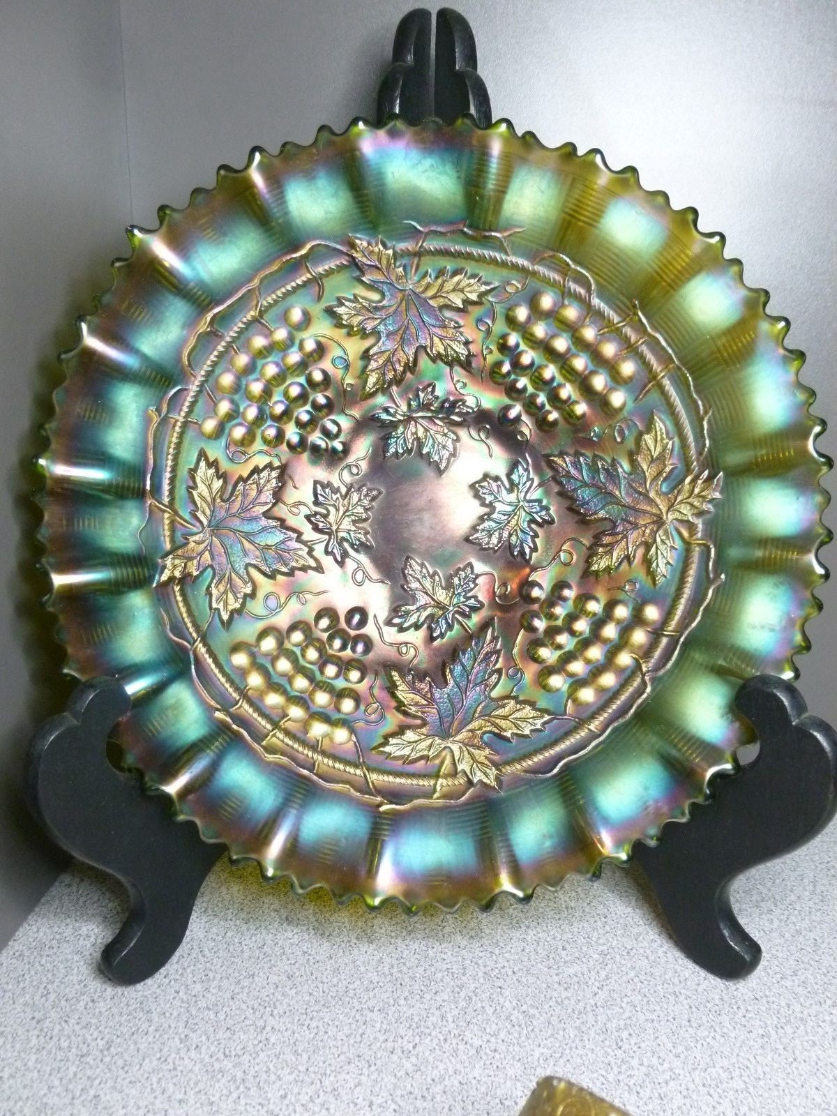 Antique Northwood Amethyst Carnival Glass Grape & Cable Basket Weave Raised Bowl