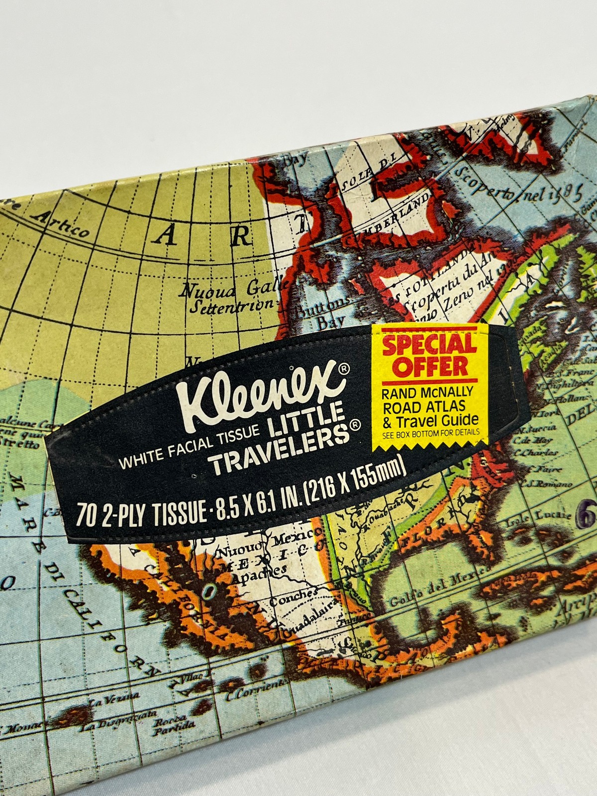 Vintage Little Travellers Kleenex box 1976 map globe image NOS Unopened