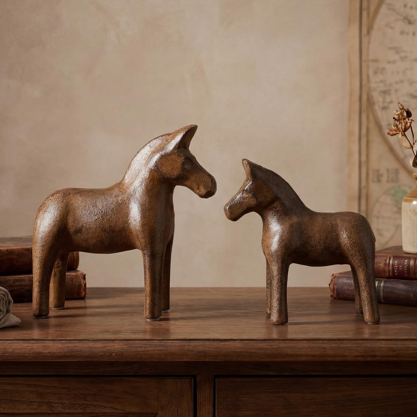 2 Pack Cast Iron Standing Horse Statue Set Antique Brown Home Decor Vintage H...