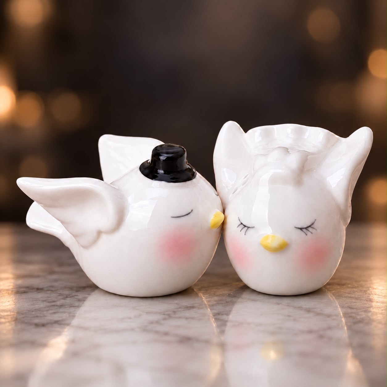 Vintage Kissing Birds Bride & Groom Ceramic Salt & Pepper Shakers Set of 2