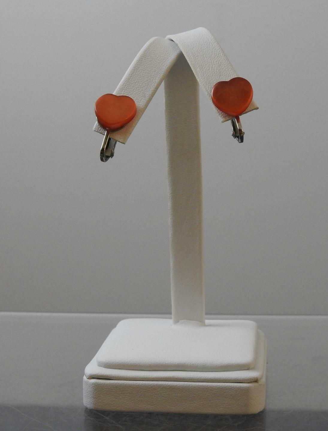 Vintage Heart Shaped Red Orange Silver Tone Clip Earrings About 3/4