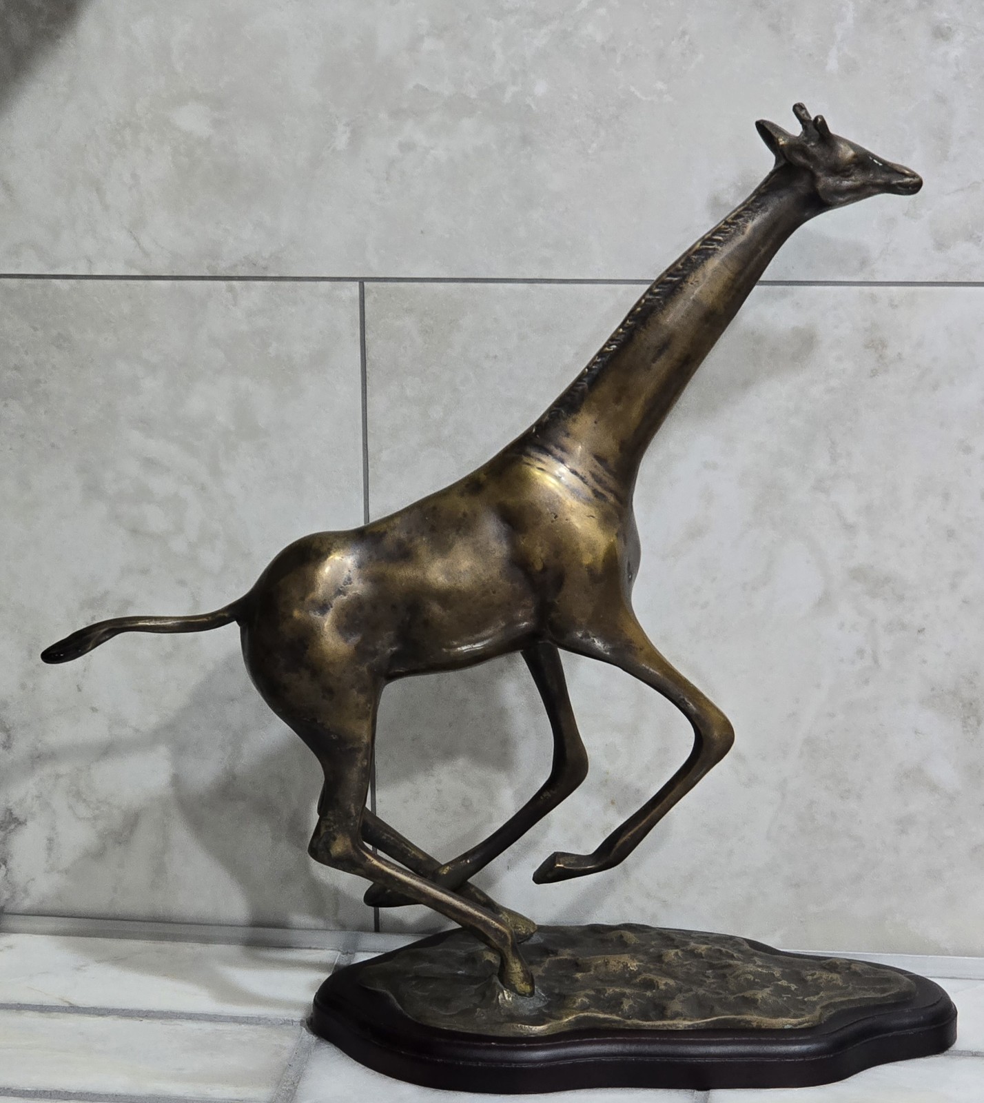 Vintage Korean Brass Giraffe Sculpture Running Figurine Wood Base MCM Decor