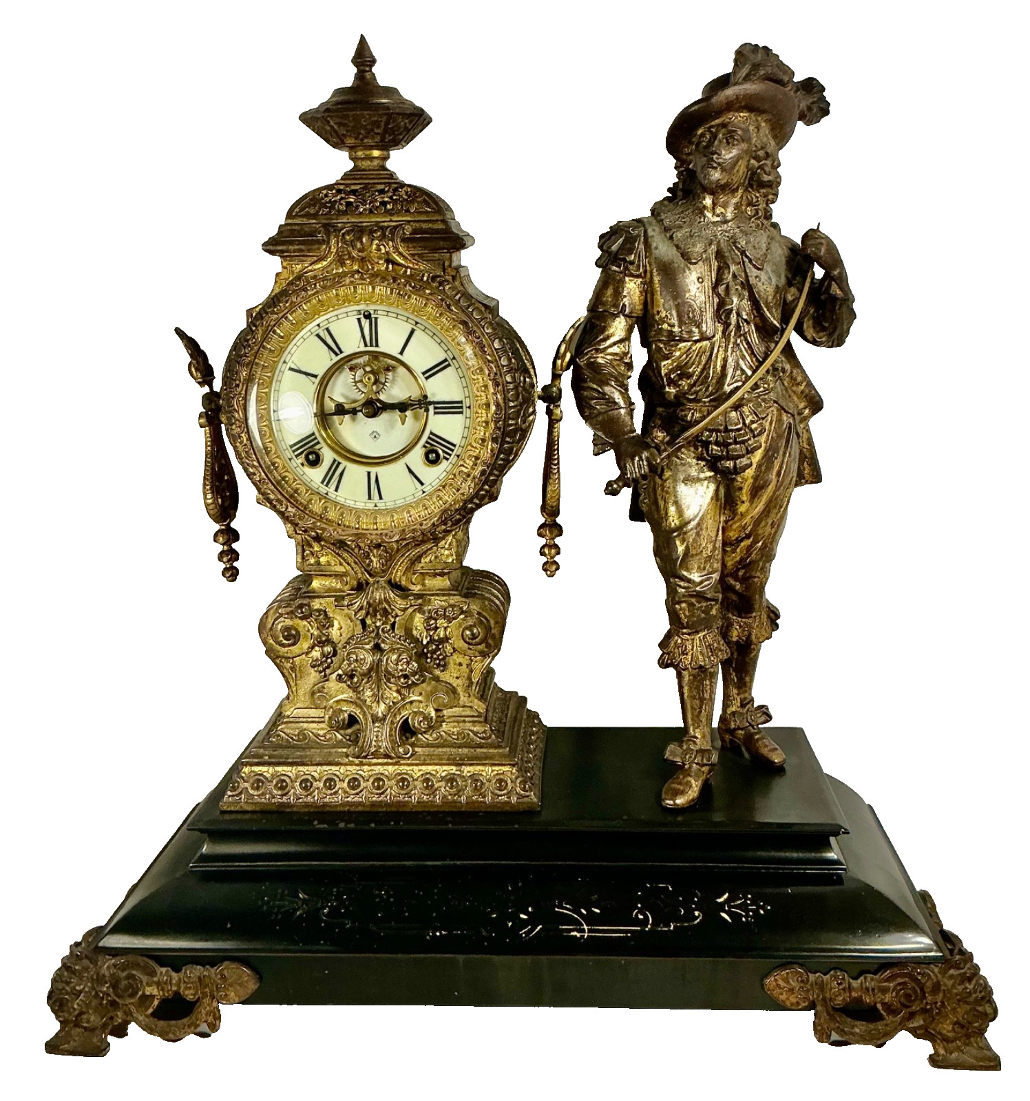 Large Ansonia 1880s Figural Working Mantle Clock French Cavalier with Rapier