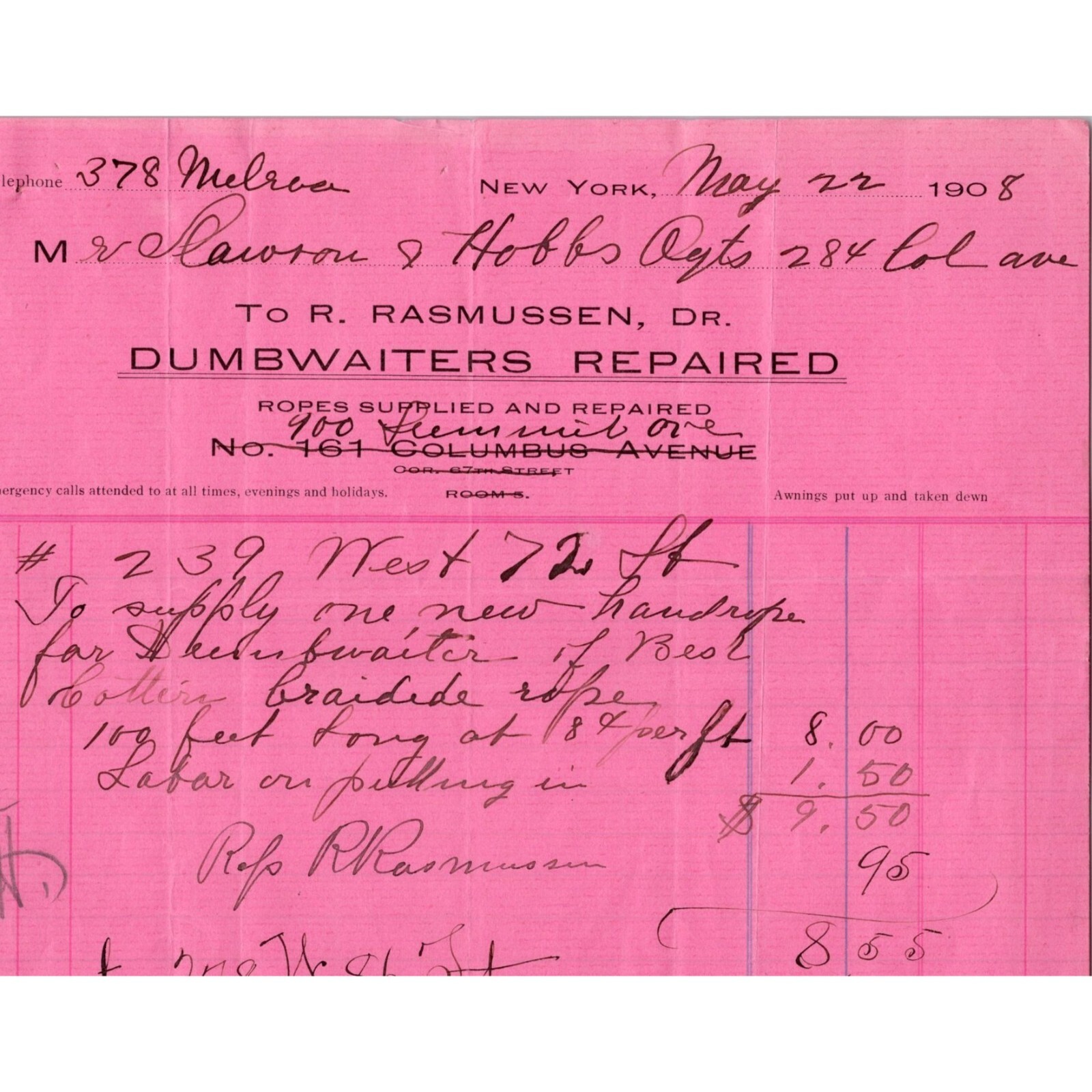 1908 Antique Billhead - R. RASMUSSEN - Dumbwaiter Repair - New York 1908 Antique Billhead - R. RASMUSSEN - Dumbwaiter Repair - New York